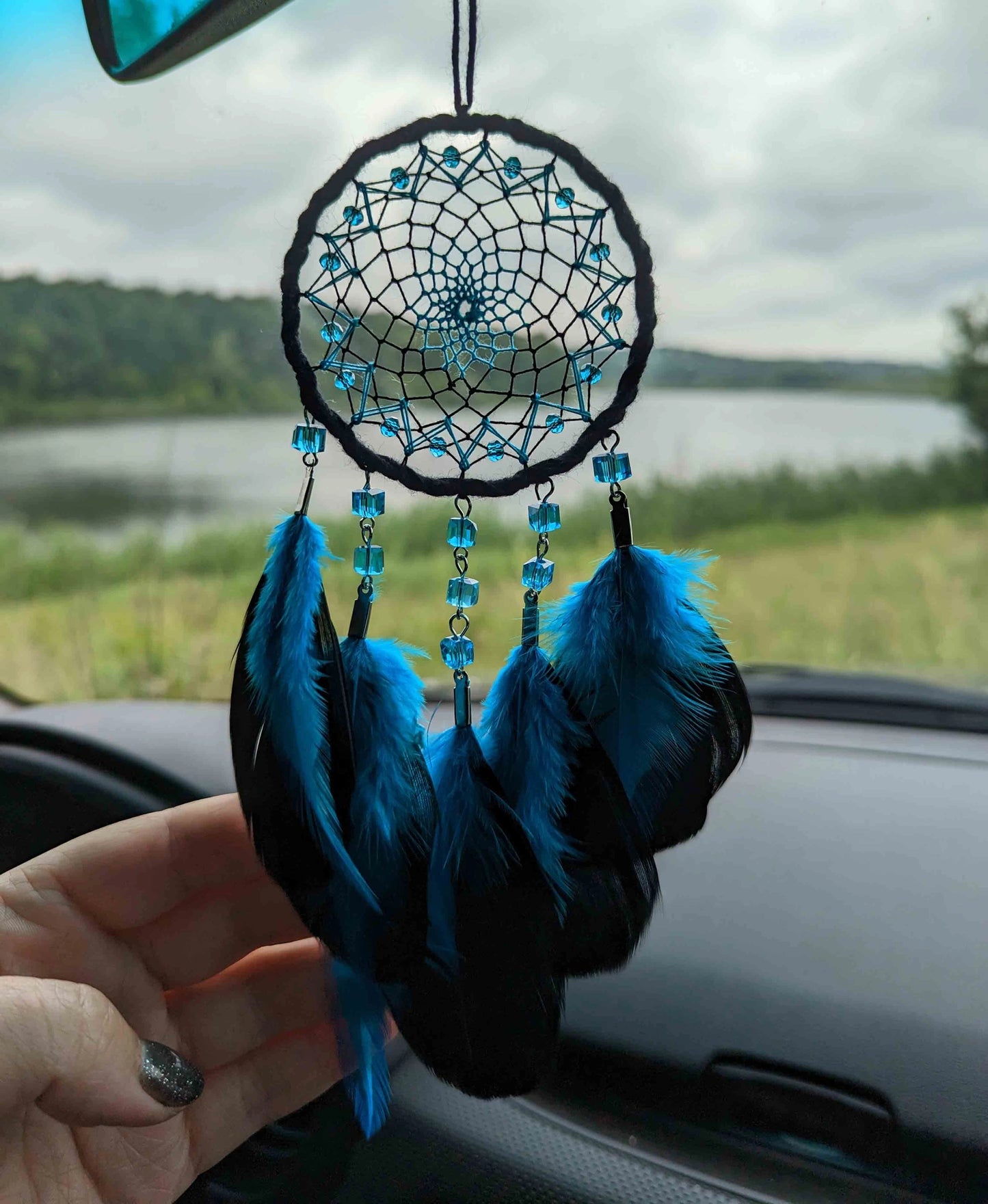 Handmade Lake Blue with Black Small Dream Catcher | Car Rearview Mirror Hanging Dreamcatcher Charm