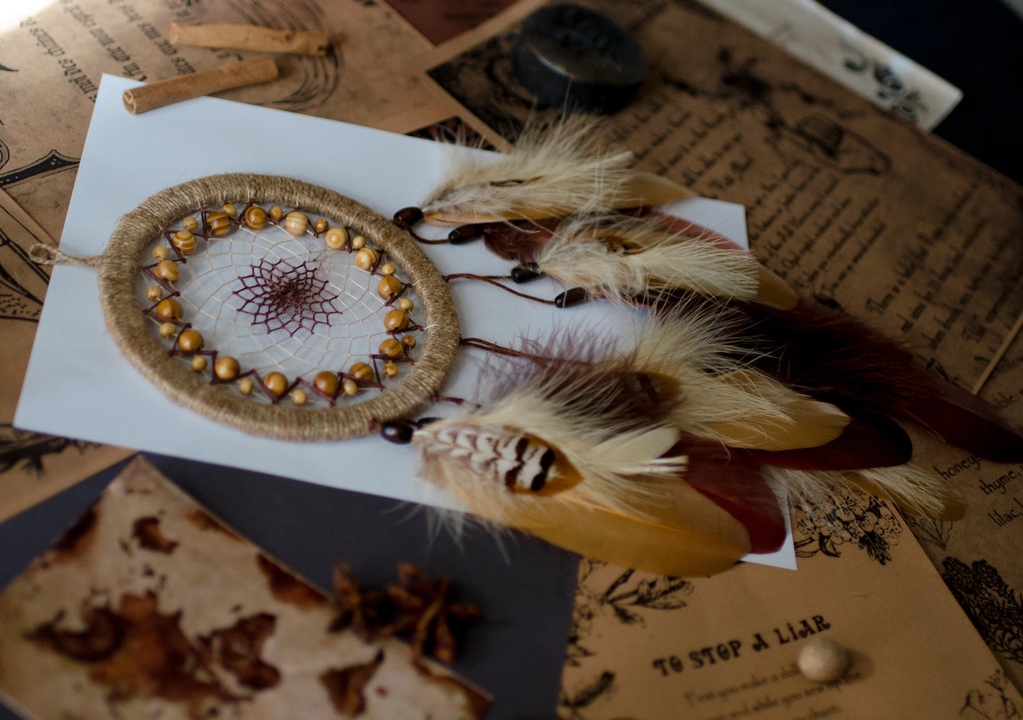 Handmade Compact Dreamcatcher in Beige and Blown