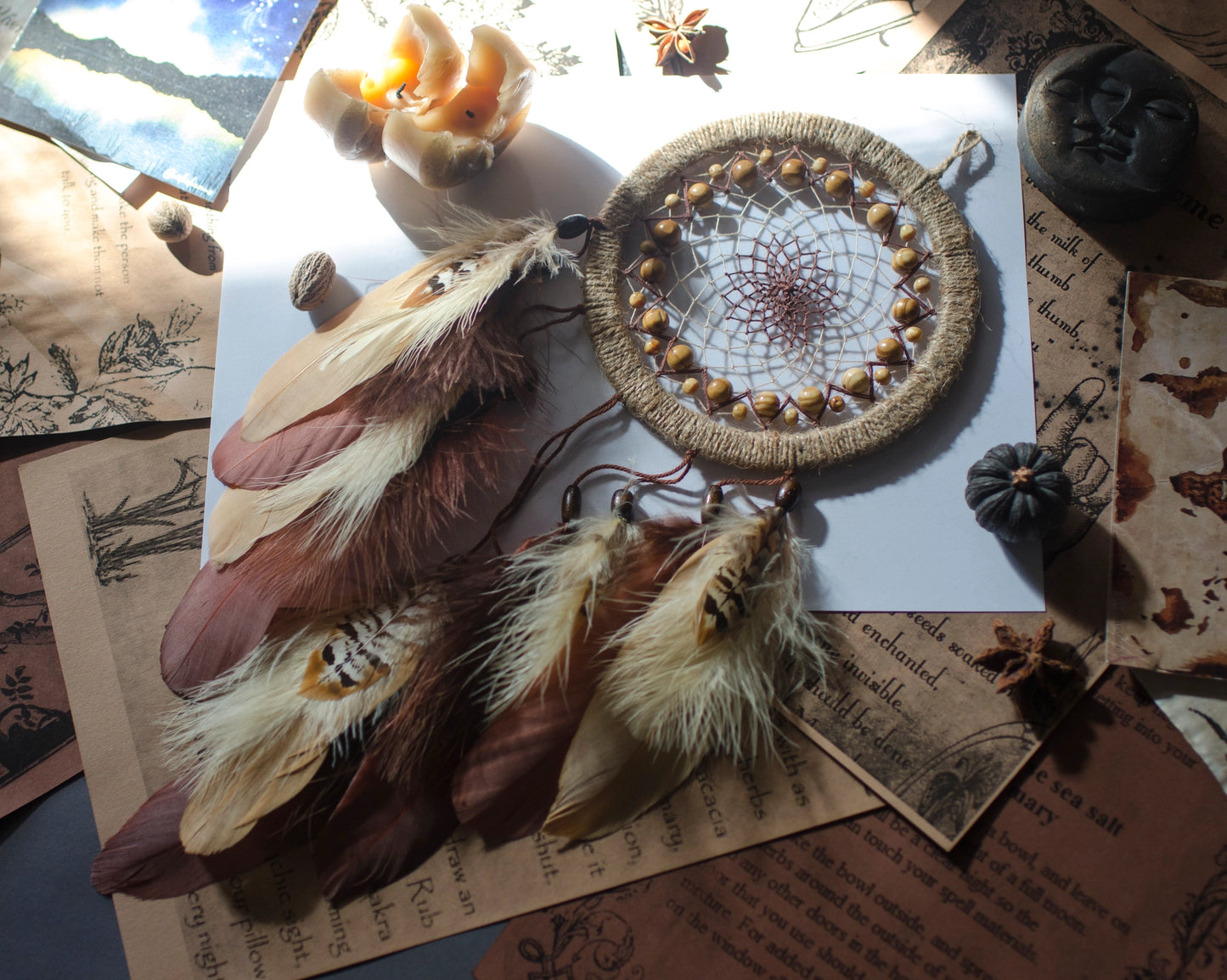 Handmade Compact Dreamcatcher in Beige and Blown