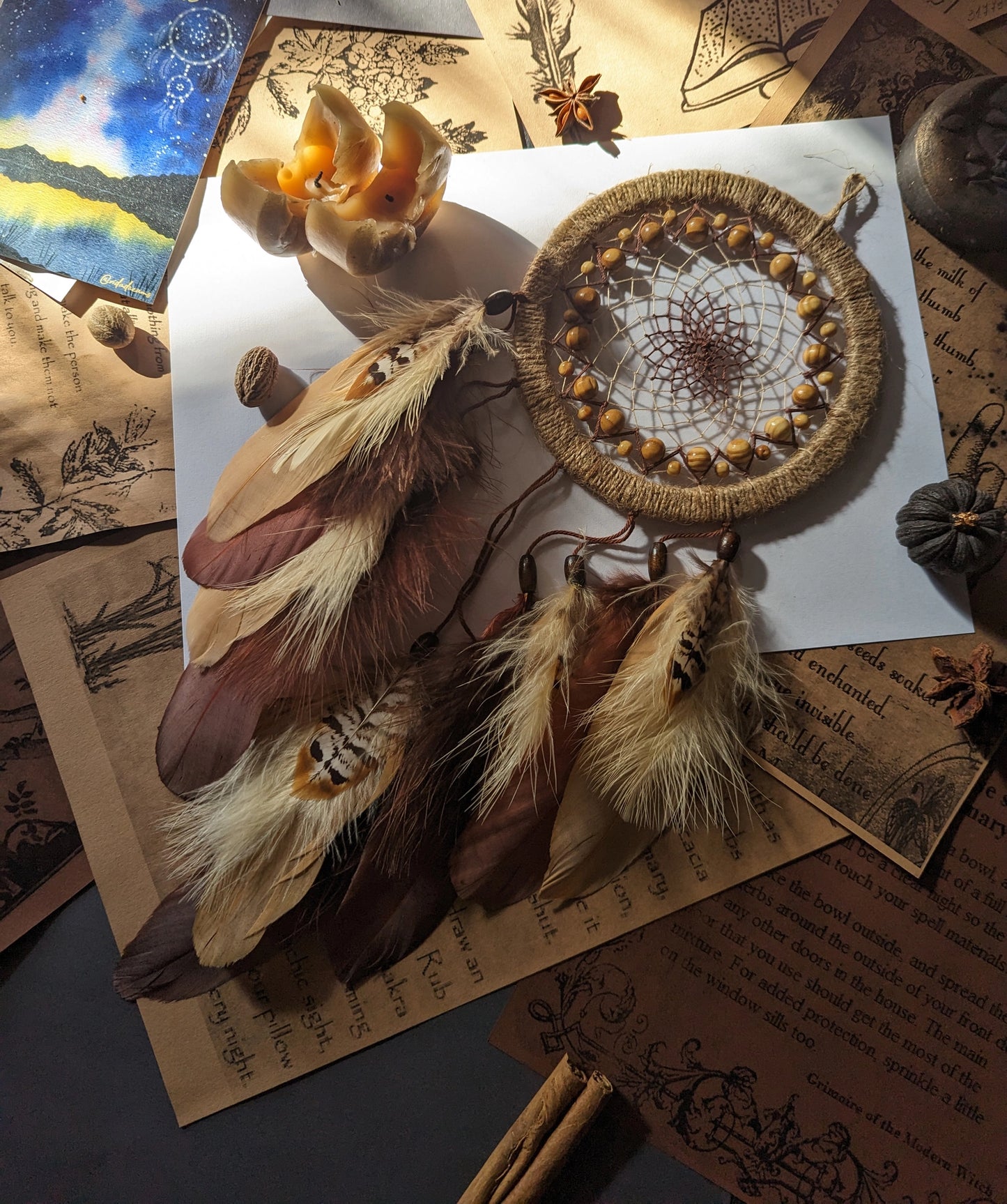 Handmade Compact Dreamcatcher in Beige and Blown