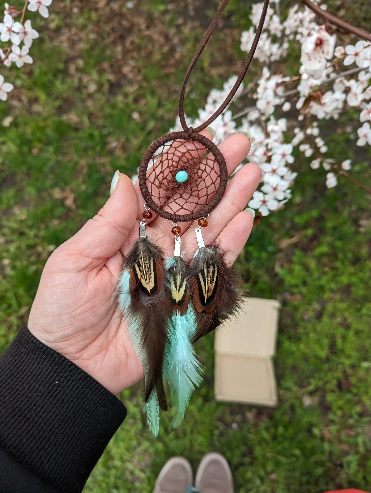 Handmade Mint Brown Dreamcatcher for Car, rearview mirror charm