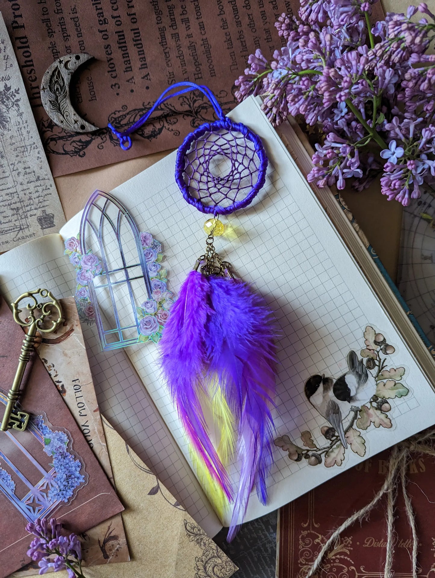 Small Handmade Dreamcatcher Car Charm with Purple and Yellow Feathers and Moon and Stars Faceted Crystal Beads