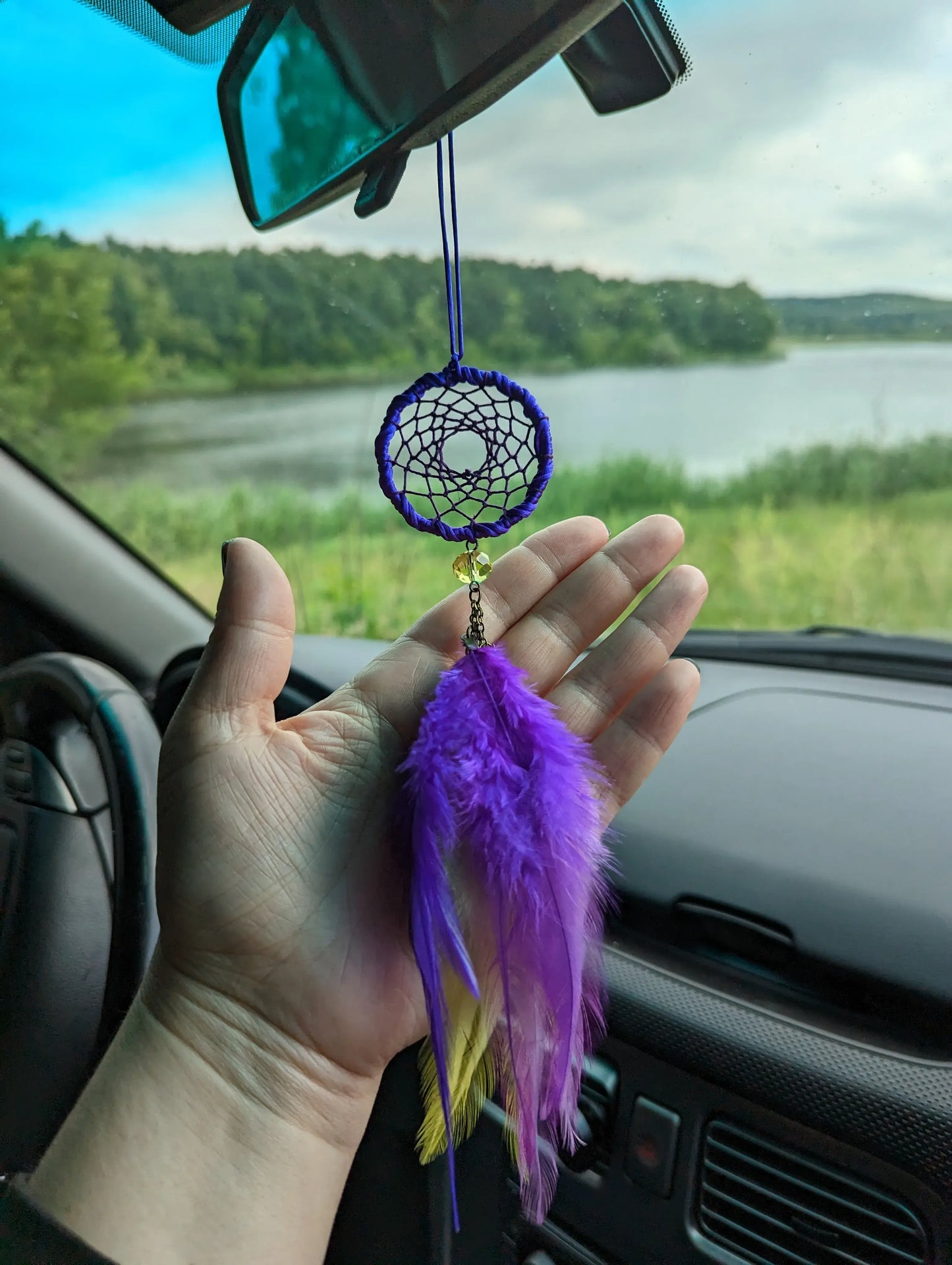 Small Handmade Dreamcatcher Car Charm with Purple and Yellow Feathers and Moon and Stars Faceted Crystal Beads
