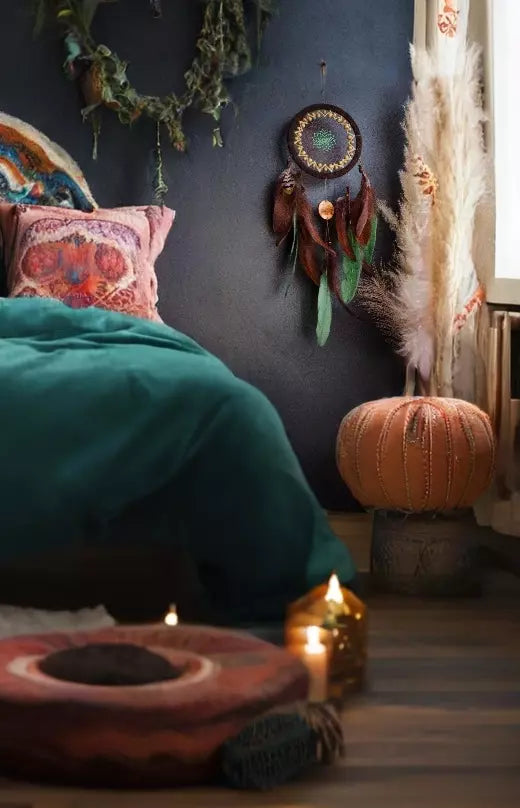 Handmade dream catcher with bear totem, rustic brown tones, feathers, and natural textures. Boho wall hanging for nature lovers and spiritual protection.