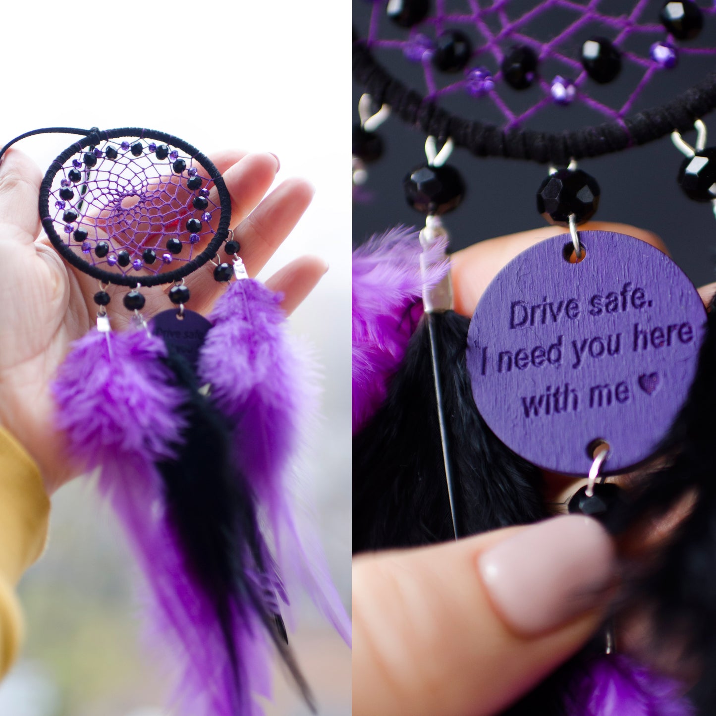Handcrafted purple and black dream catcher with beaded web design, adorned with vibrant feathers. The centerpiece includes a charm with an engraved message, making it a thoughtful gift or car accessory.