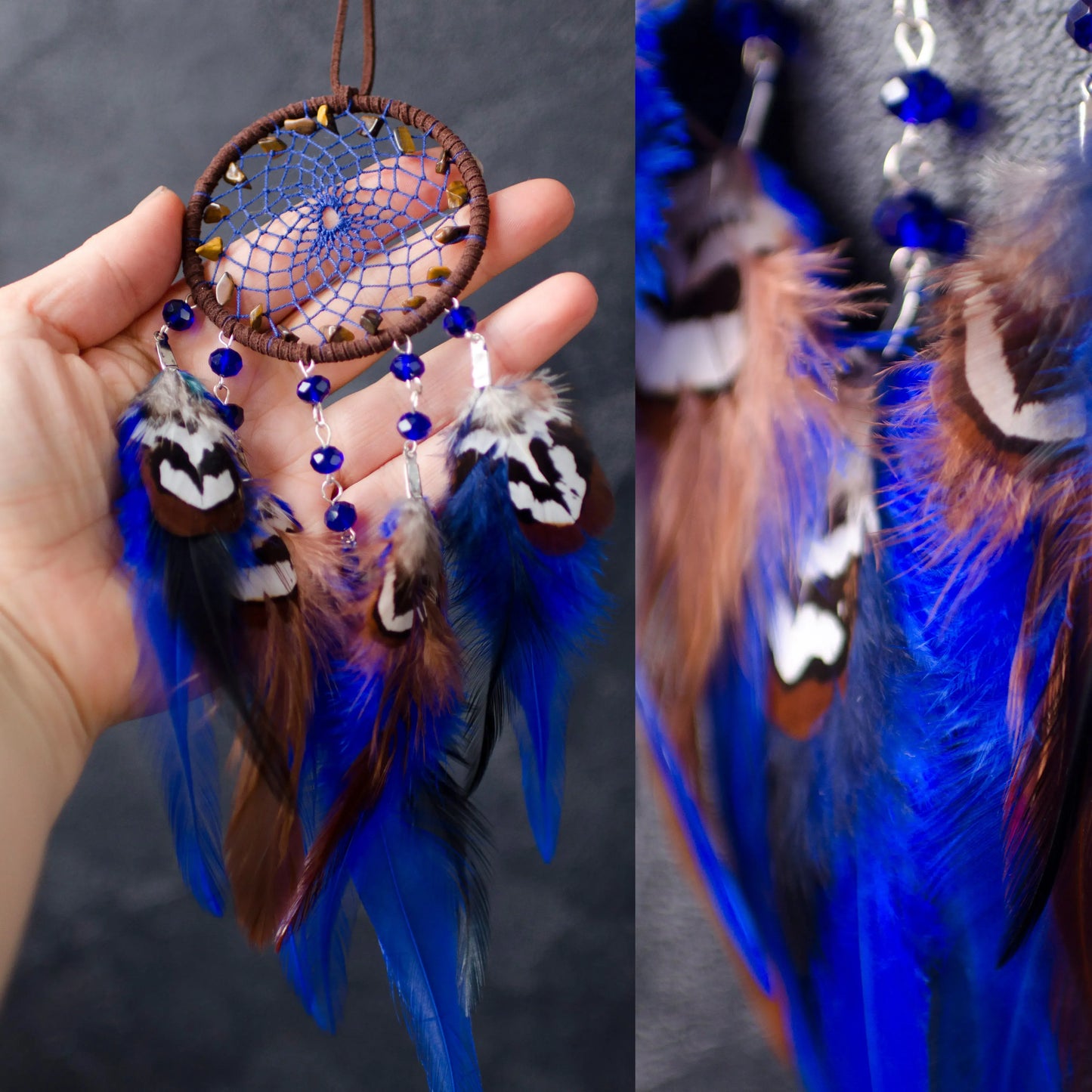 Handcrafted dream catcher featuring a brown hoop with an intricate blue web design. Adorned with tiger's eye beads, vibrant blue crystals, and natural brown and blue feathers. The central wooden charm is engraved with the message, "Drive safe, I need you here with me," making it a perfect talisman for car rearview mirrors. This bohemian-style dream catcher brings positive energy and protection, ideal as a meaningful gift for loved ones or a charming decor piece for cars, homes, or offices.