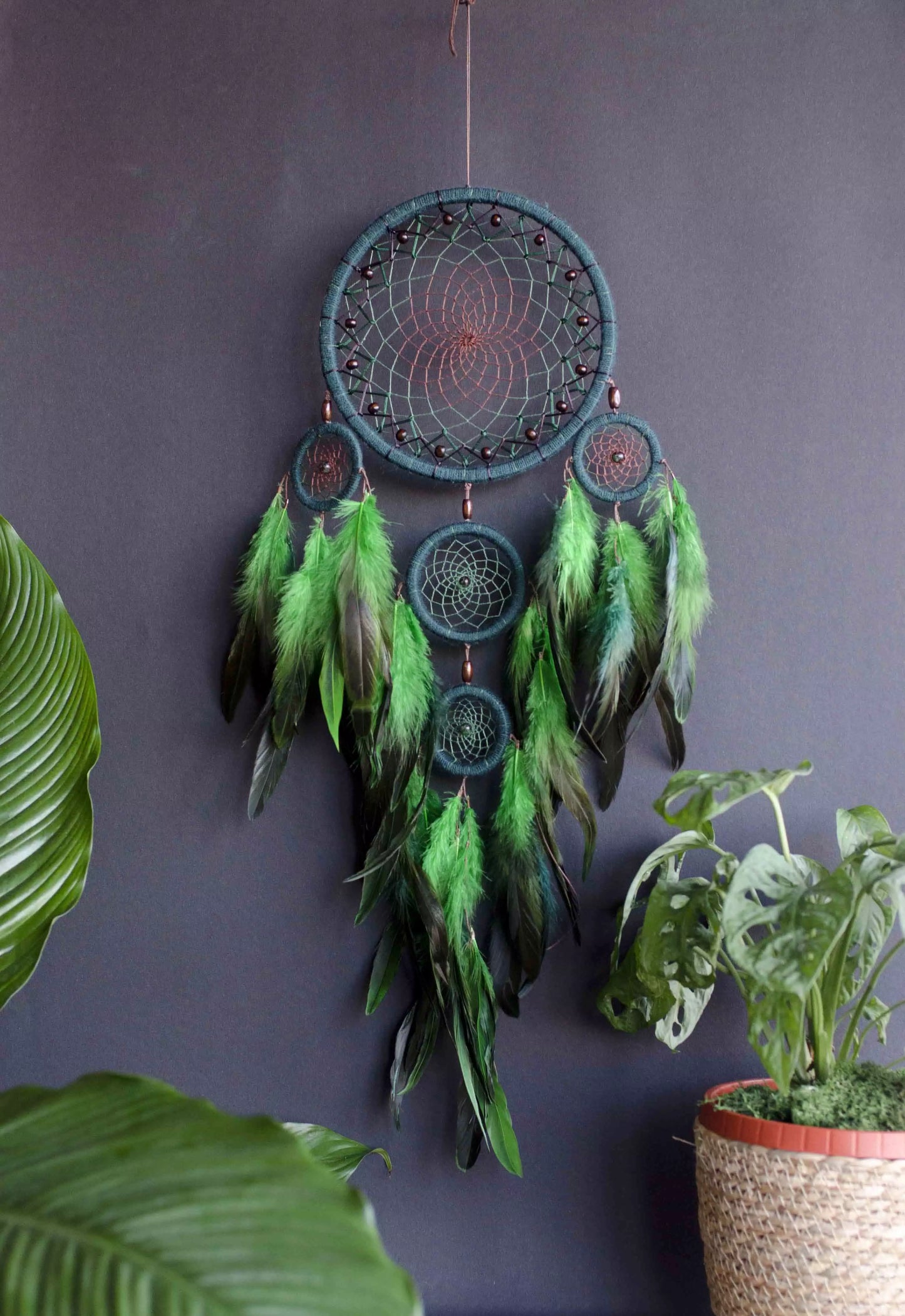 Handcrafted Green Dream Catcher, Multi-Ring Design with Feathers, Native American Inspired Wall Hanging, Unique Home Decor, Perfect Gift
