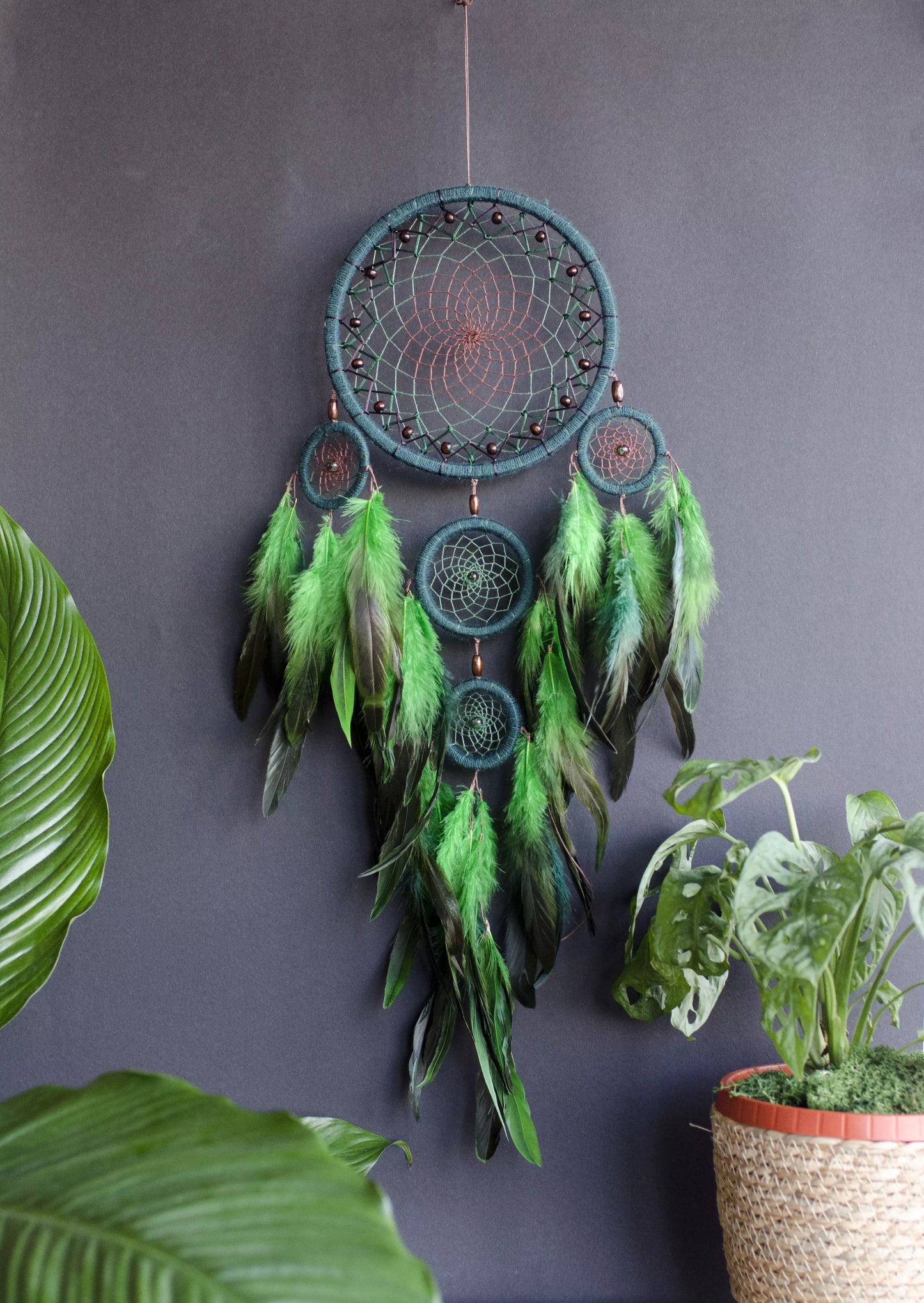 Handcrafted Green Dream Catcher, Multi-Ring Design with Feathers, Native American Inspired Wall Hanging, Unique Home Decor, Perfect Gift