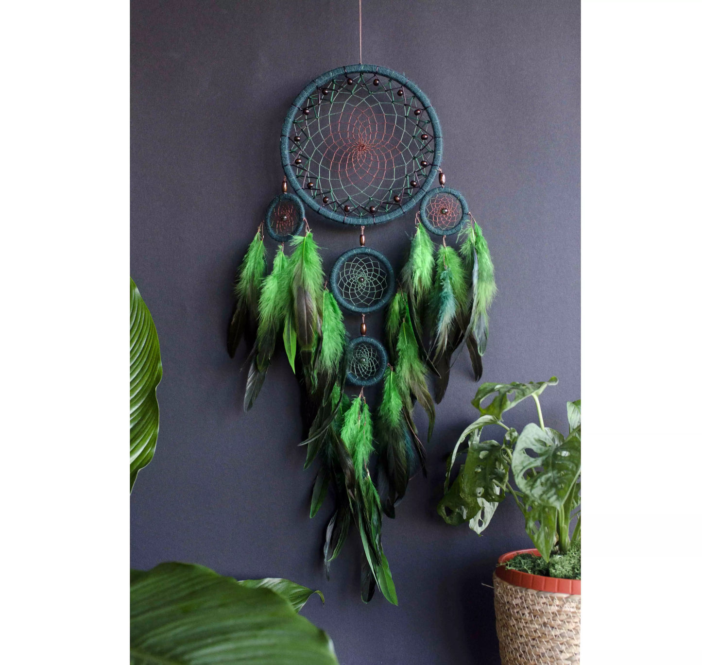 Handcrafted Green Dream Catcher, Multi-Ring Design with Feathers, Native American Inspired Wall Hanging, Unique Home Decor, Perfect Gift