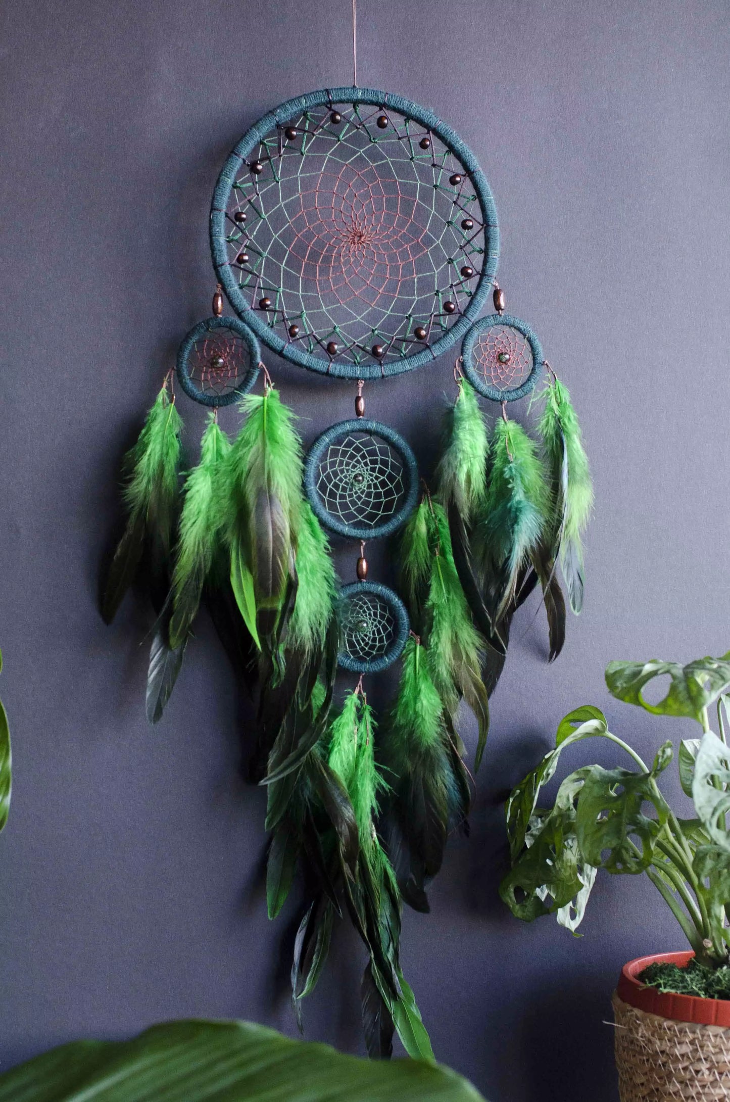 Handcrafted Green Dream Catcher, Multi-Ring Design with Feathers, Native American Inspired Wall Hanging, Unique Home Decor, Perfect Gift