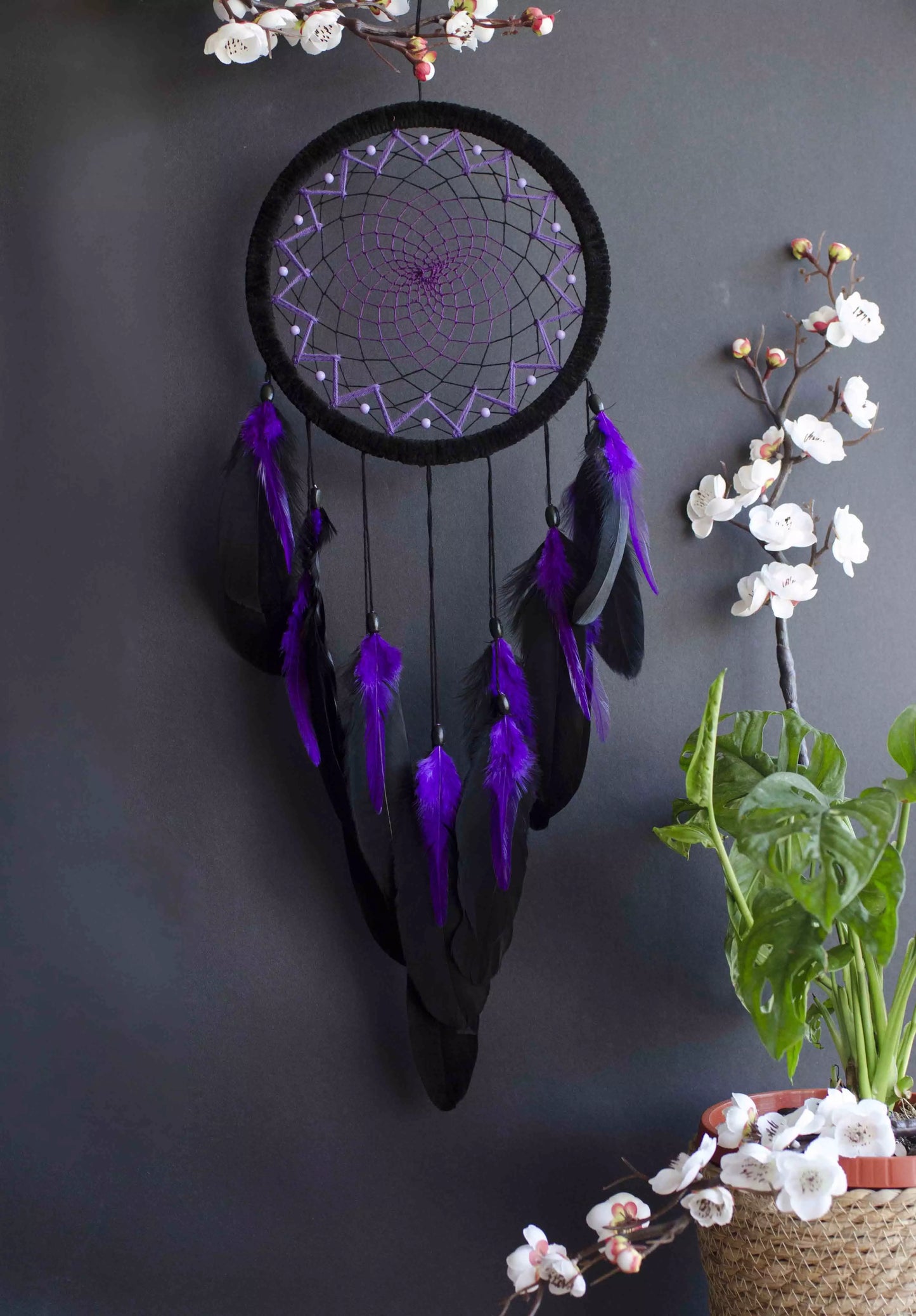 Handmade Black and Purple Dream Catcher | Large Dreamcatcher for Bedroom, Living Room, Wall Decor