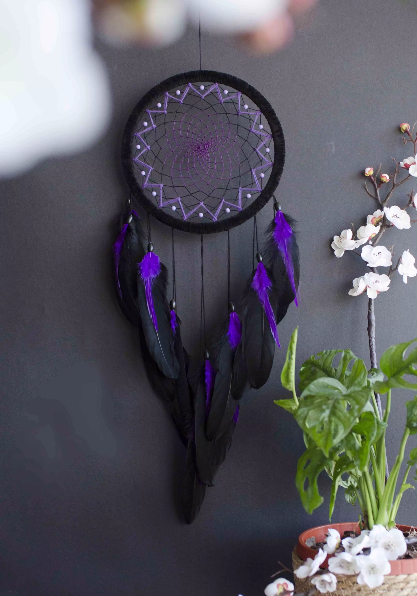 Handmade Black and Purple Dream Catcher | Large Dreamcatcher for Bedroom, Living Room, Wall Decor