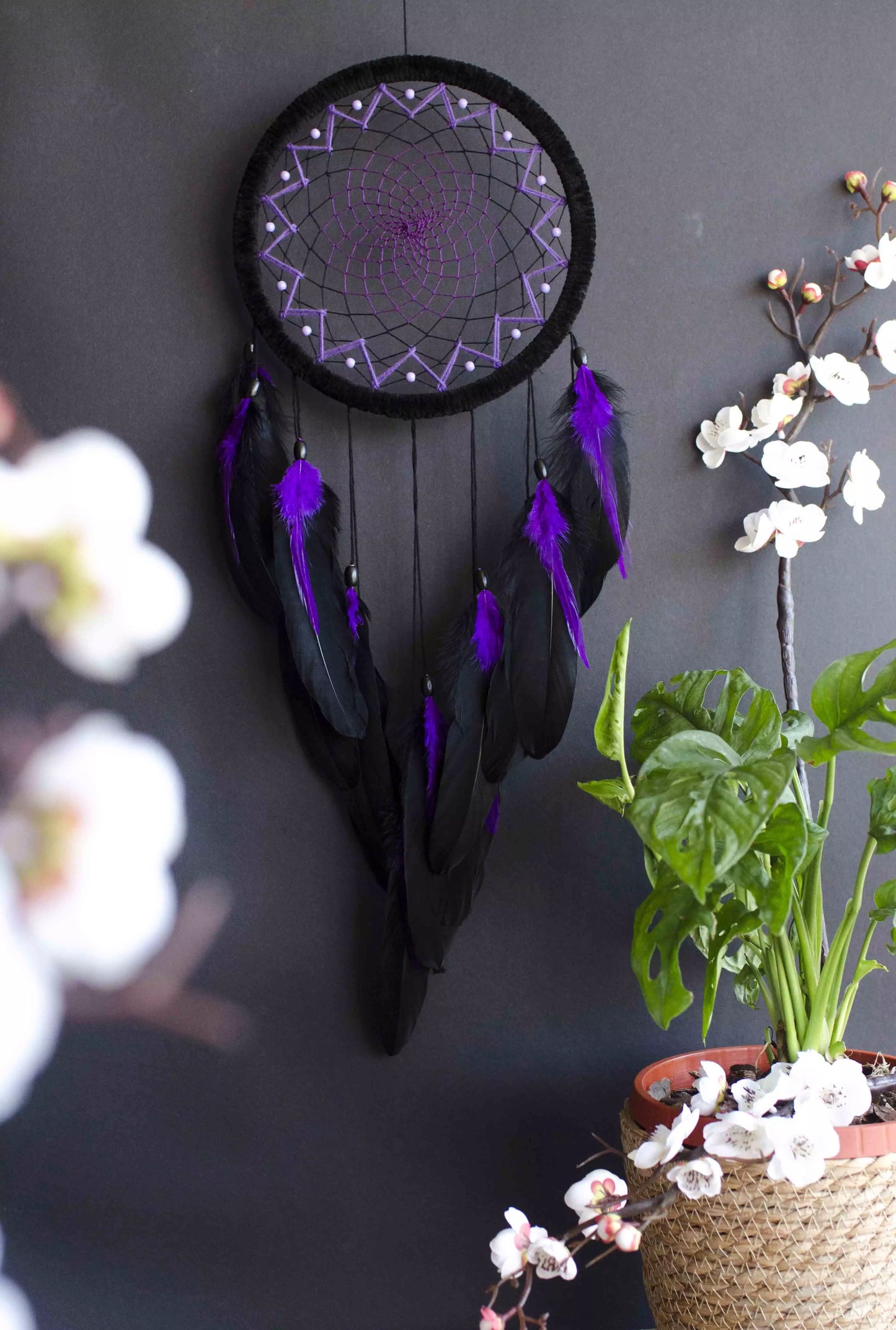 Handmade Black and Purple Dream Catcher | Large Dreamcatcher for Bedroom, Living Room, Wall Decor