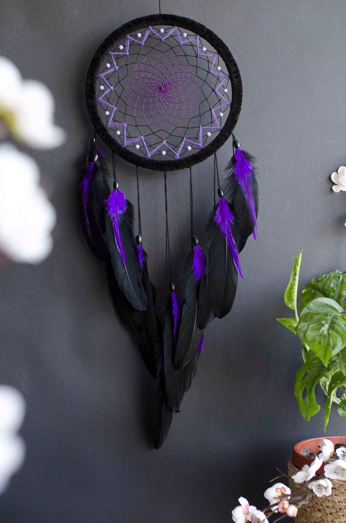 Handmade Black and Purple Dream Catcher | Large Dreamcatcher for Bedroom, Living Room, Wall Decor
