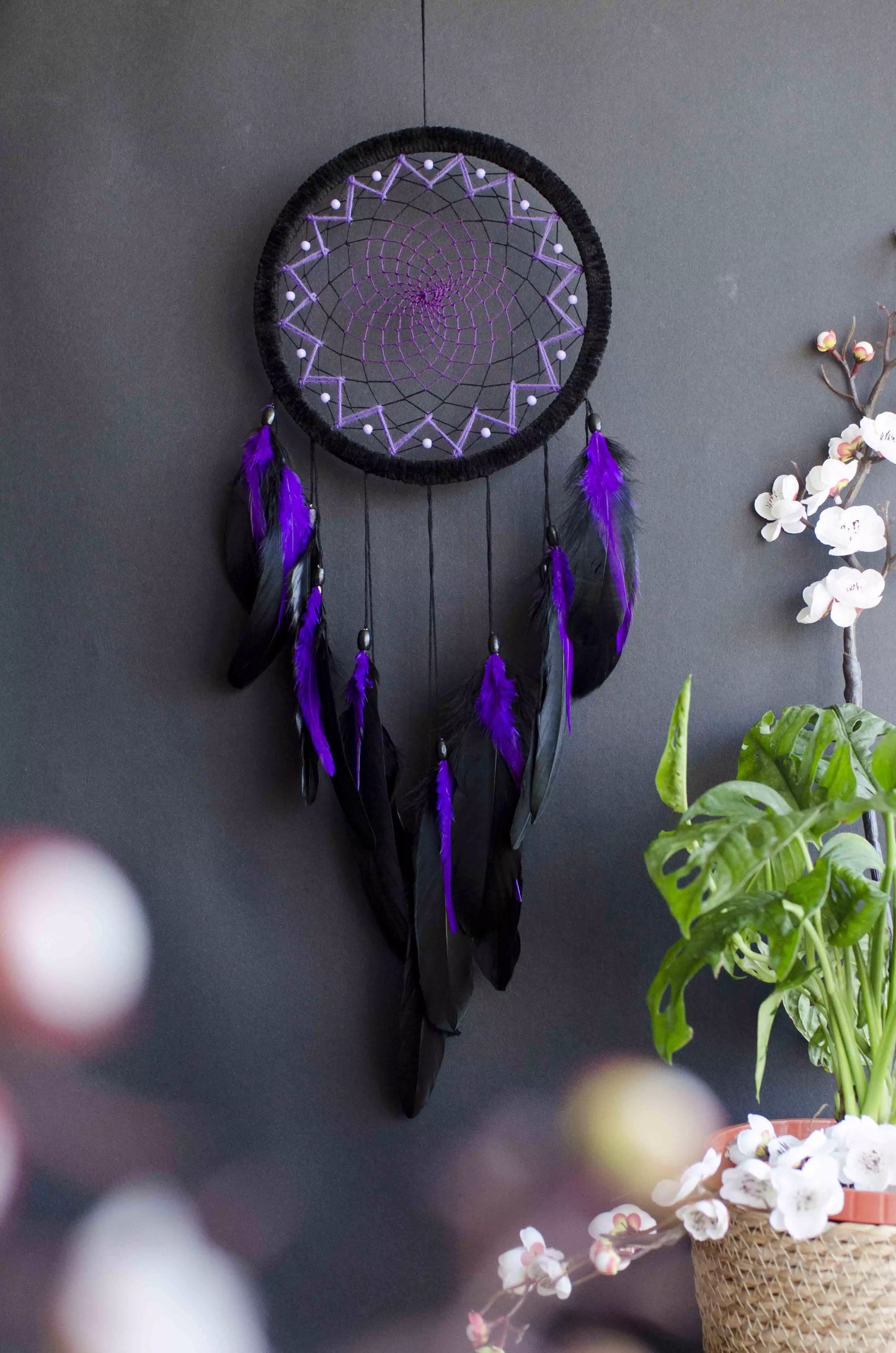 Handmade Black and Purple Dream Catcher | Large Dreamcatcher for Bedroom, Living Room, Wall Decor