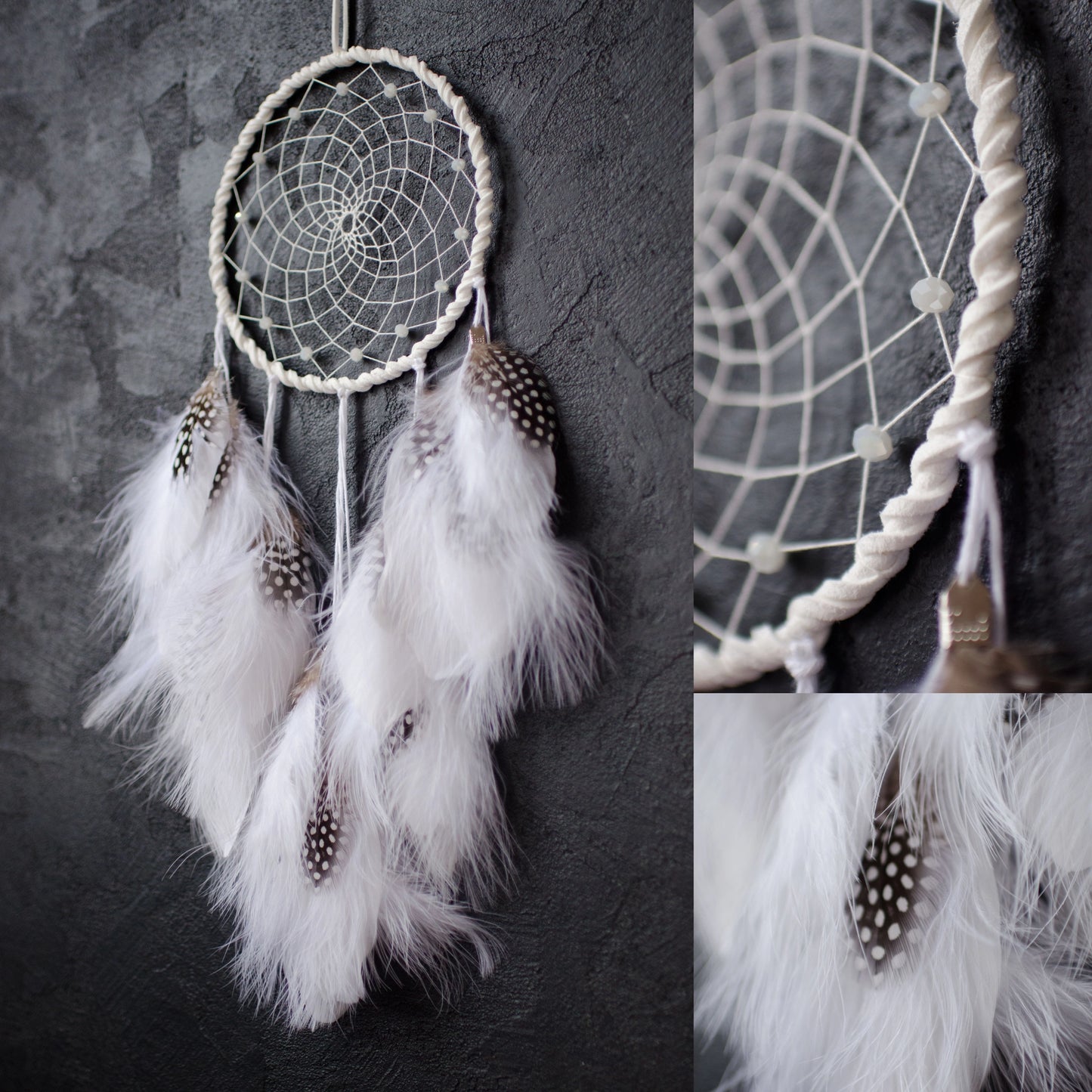 Traditional dreamcatcher with natural white feathers