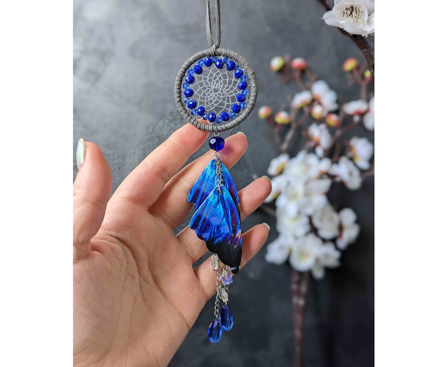 Handmade Blue Gray Butterfly Wings Dream Catcher Car Rear View Mirror Hanger