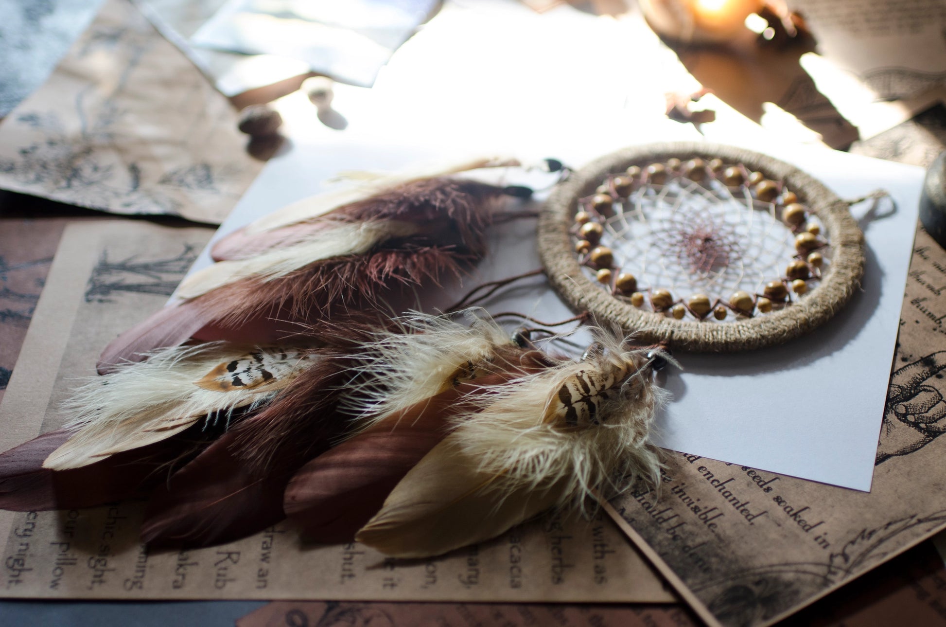 Handmade Compact Dreamcatcher in Beige and Blown