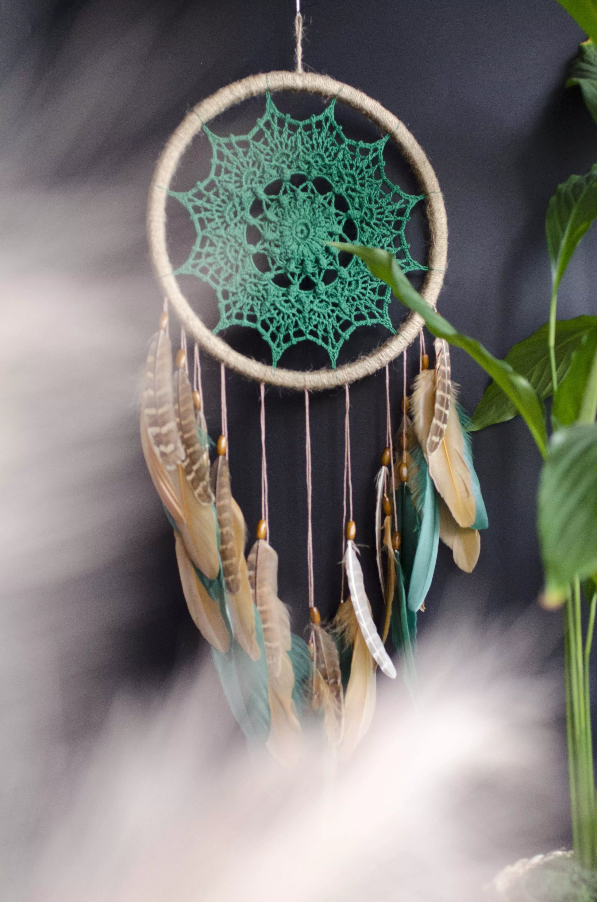 Handmade Green Crochet Dreamcatcher with Feathers – Boho Wall Decor, Nature-Inspired Mandala Dream Catcher