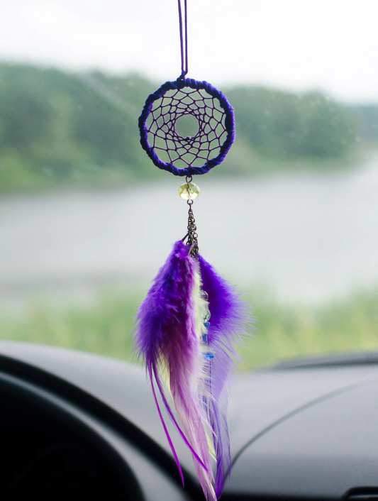 Small Handmade Dreamcatcher Car Charm with Purple and Yellow Feathers and Moon and Stars Faceted Crystal Beads