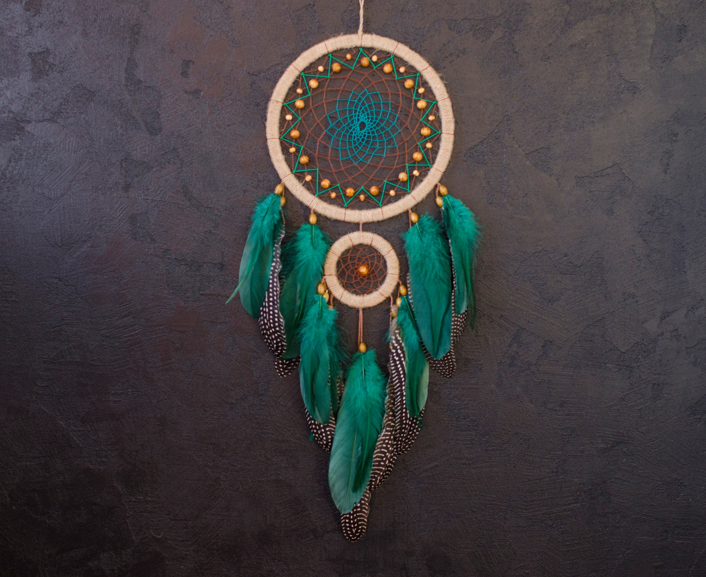 Handcrafted Emerald Green Dream Catcher with Natural Feathers