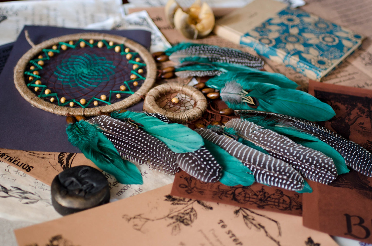 Handcrafted Emerald Green Dream Catcher with Natural Feathers