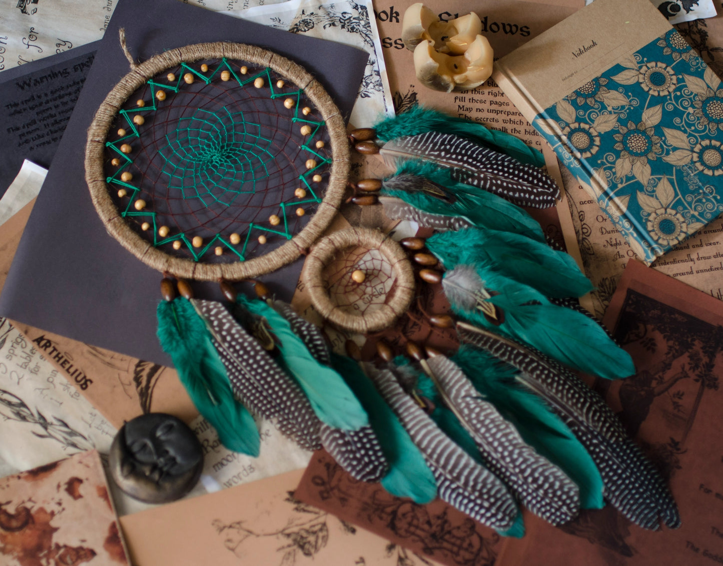 Handcrafted Emerald Green Dream Catcher with Natural Feathers