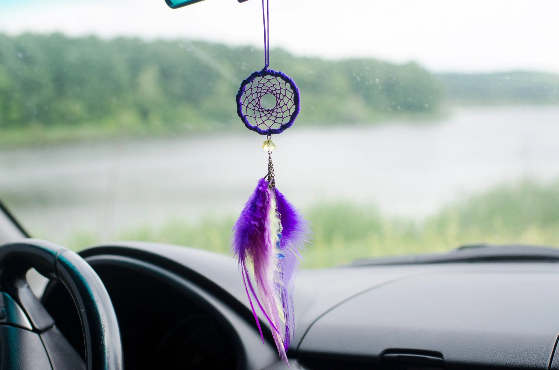 Small Handmade Dreamcatcher Car Charm with Purple and Yellow Feathers and Moon and Stars Faceted Crystal Beads