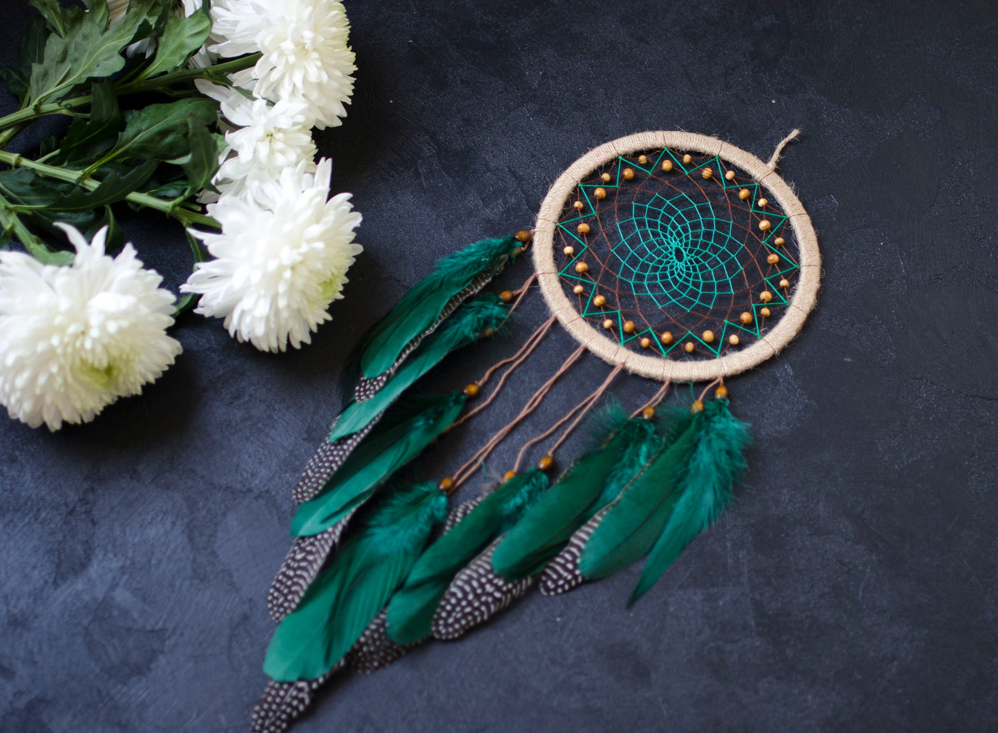 Handcrafted Emerald Green Dream Catcher with Natural Feathers