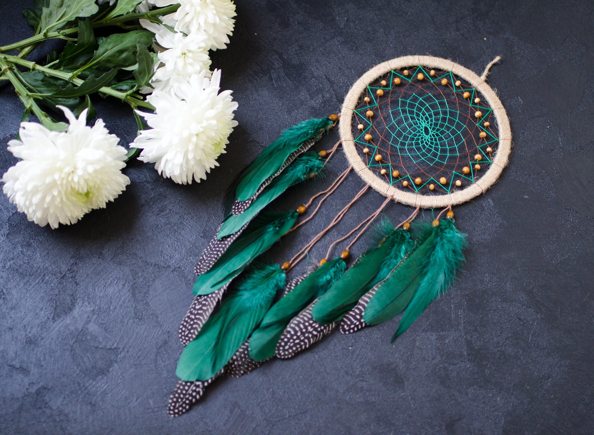 Handcrafted Emerald Green Dream Catcher with Natural Feathers