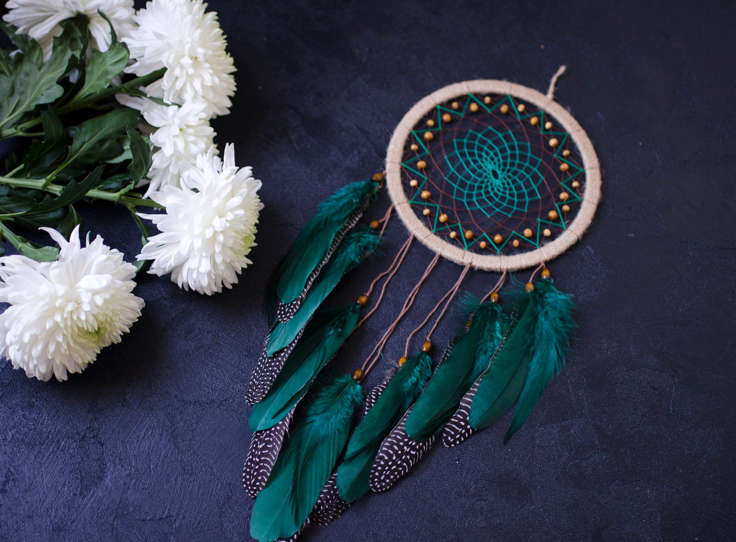 Handcrafted Emerald Green Dream Catcher with Natural Feathers