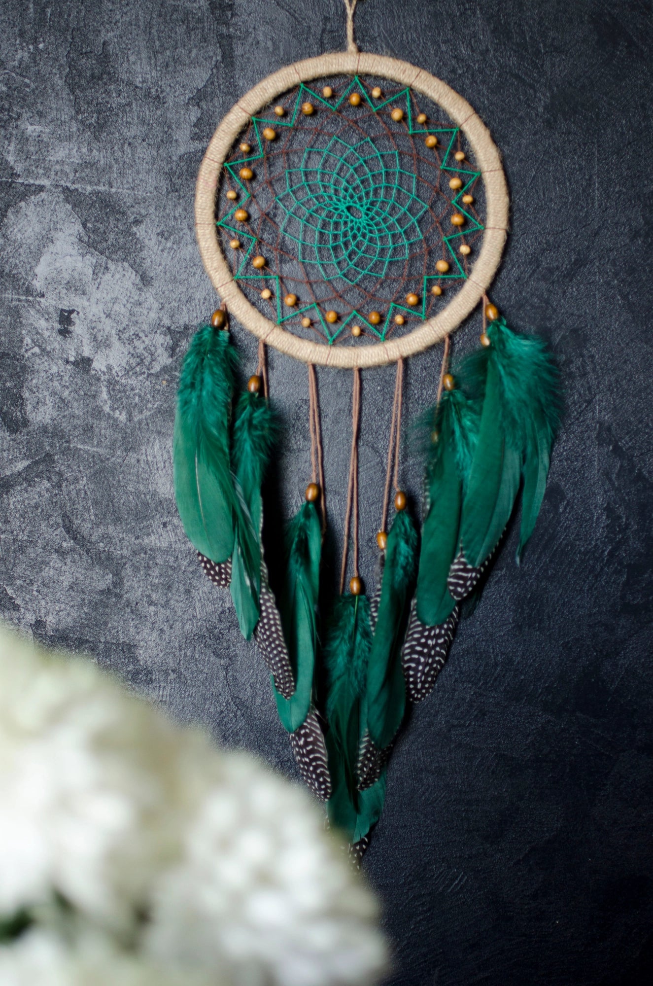 Handcrafted Emerald Green Dream Catcher with Natural Feathers