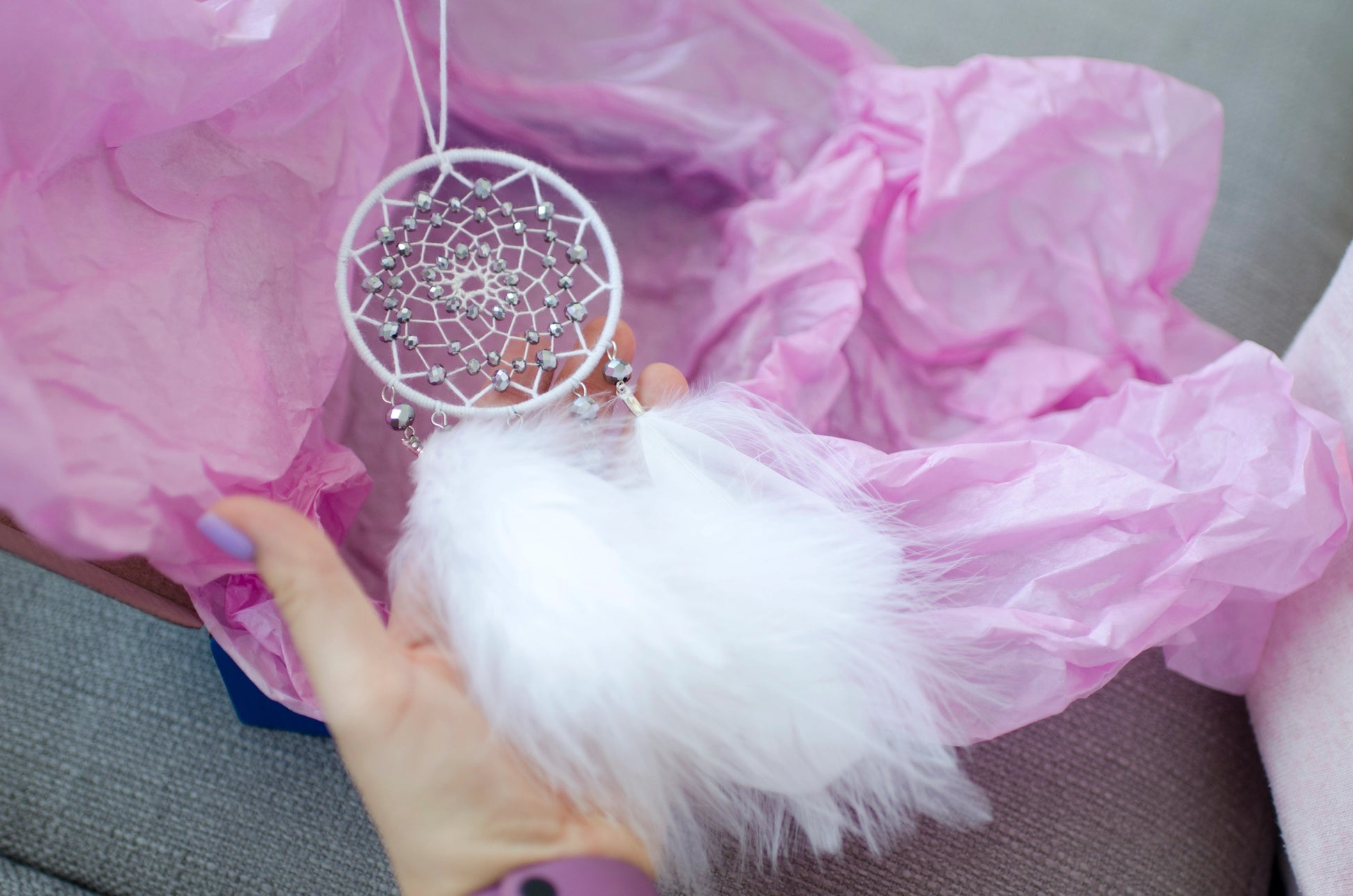 Handmade White Dream Catcher with Silver Glass Beads and Fluffy Feathers | Car rearview mirror charm