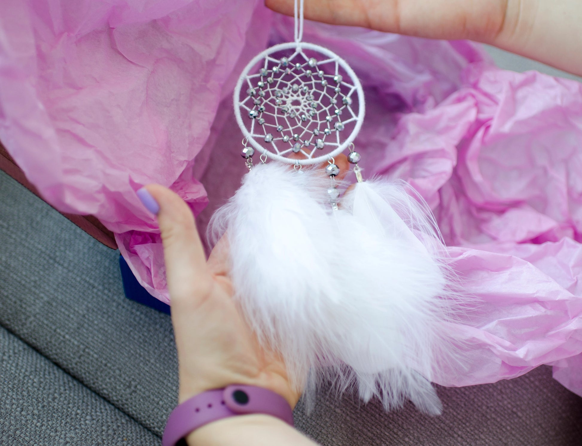 Handmade White Dream Catcher with Silver Glass Beads and Fluffy Feathers | Car rearview mirror charm