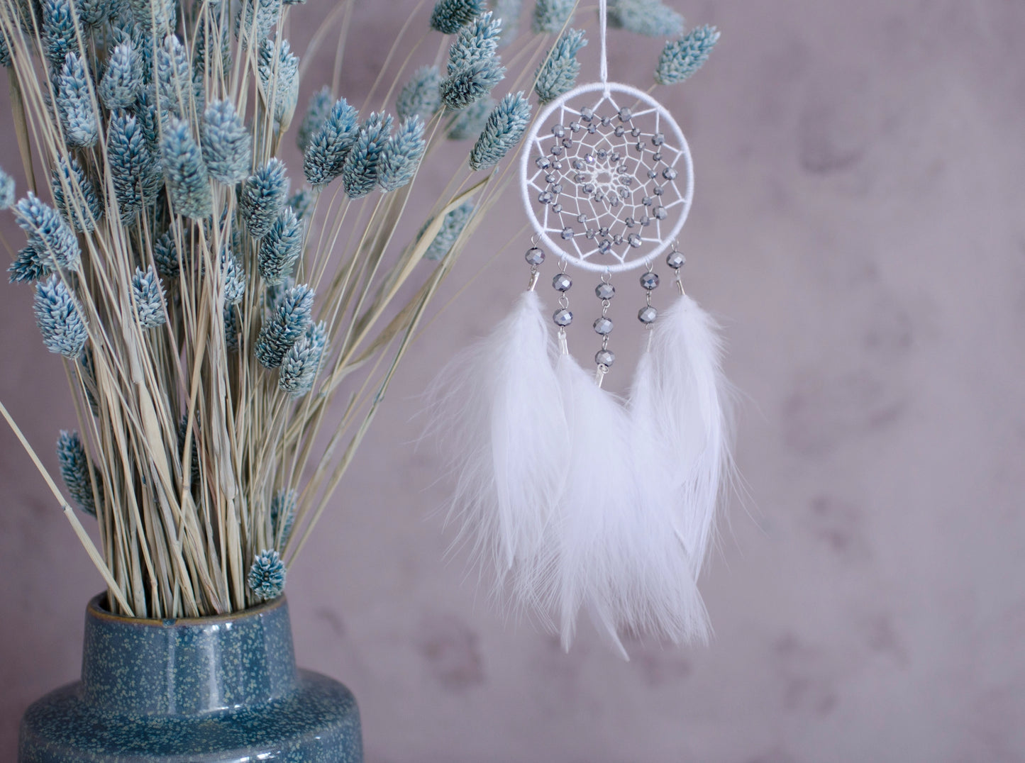 Handmade White Dream Catcher with Silver Glass Beads and Fluffy Feathers | Car rearview mirror charm