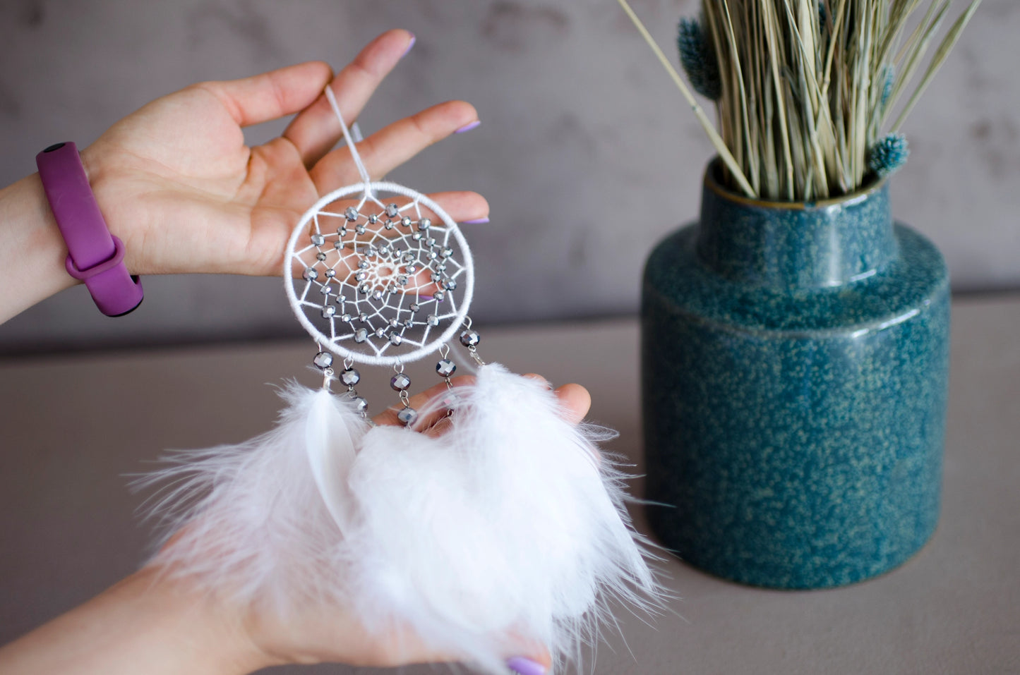 Handmade White Dream Catcher with Silver Glass Beads and Fluffy Feathers | Car rearview mirror charm