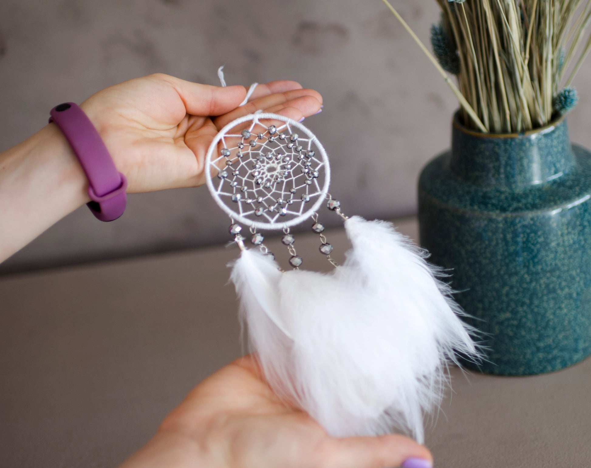 Handmade White Dream Catcher with Silver Glass Beads and Fluffy Feathers | Car rearview mirror charm