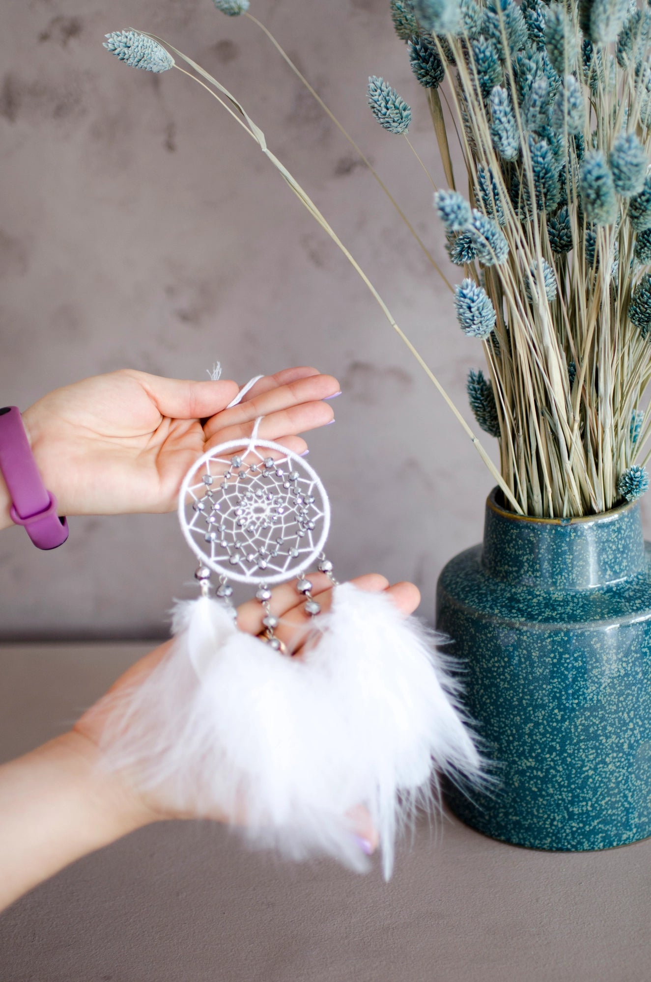 Handmade White Dream Catcher with Silver Glass Beads and Fluffy Feathers | Car rearview mirror charm