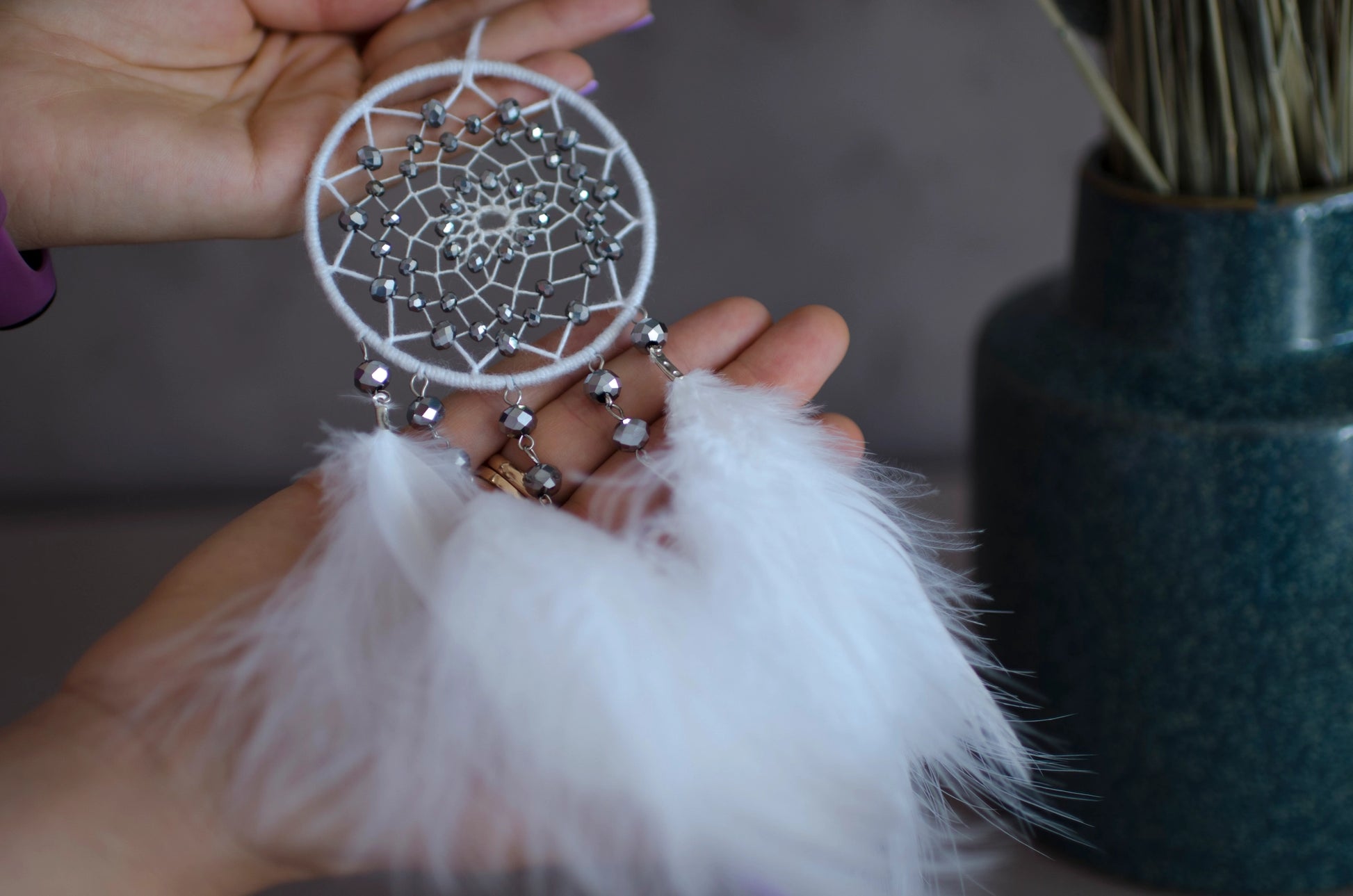 Handmade White Dream Catcher with Silver Glass Beads and Fluffy Feathers | Car rearview mirror charm