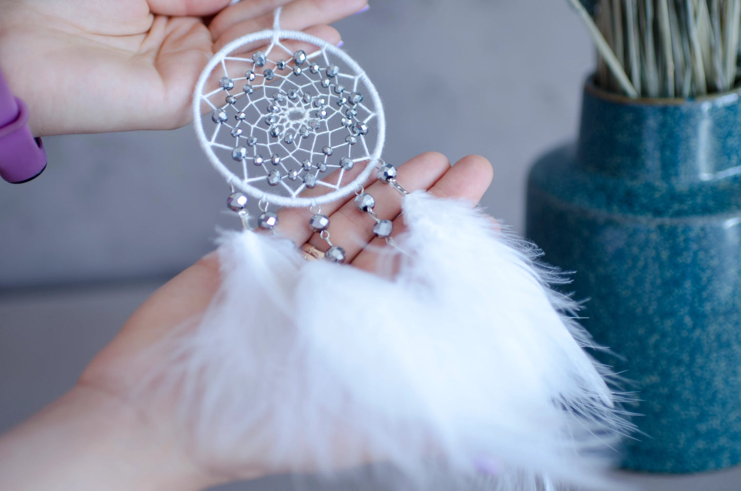 Handmade White Dream Catcher with Silver Glass Beads and Fluffy Feathers | Car rearview mirror charm