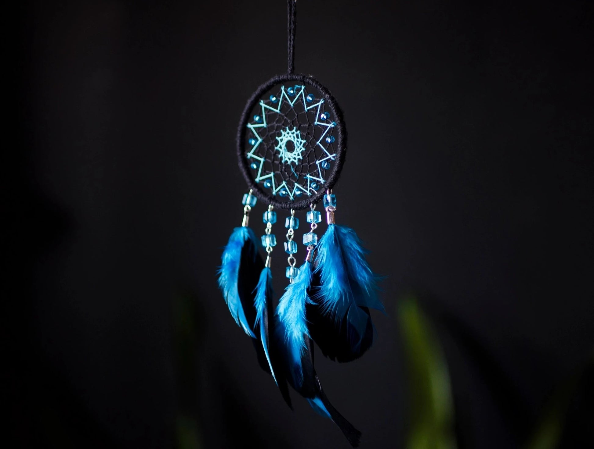 Handmade Lake Blue with Black Small Dream Catcher | Car Rearview Mirror Hanging Dreamcatcher Charm