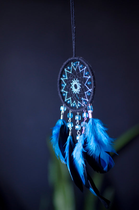 Handmade Lake Blue with Black Small Dream Catcher | Car Rearview Mirror Hanging Dreamcatcher Charm