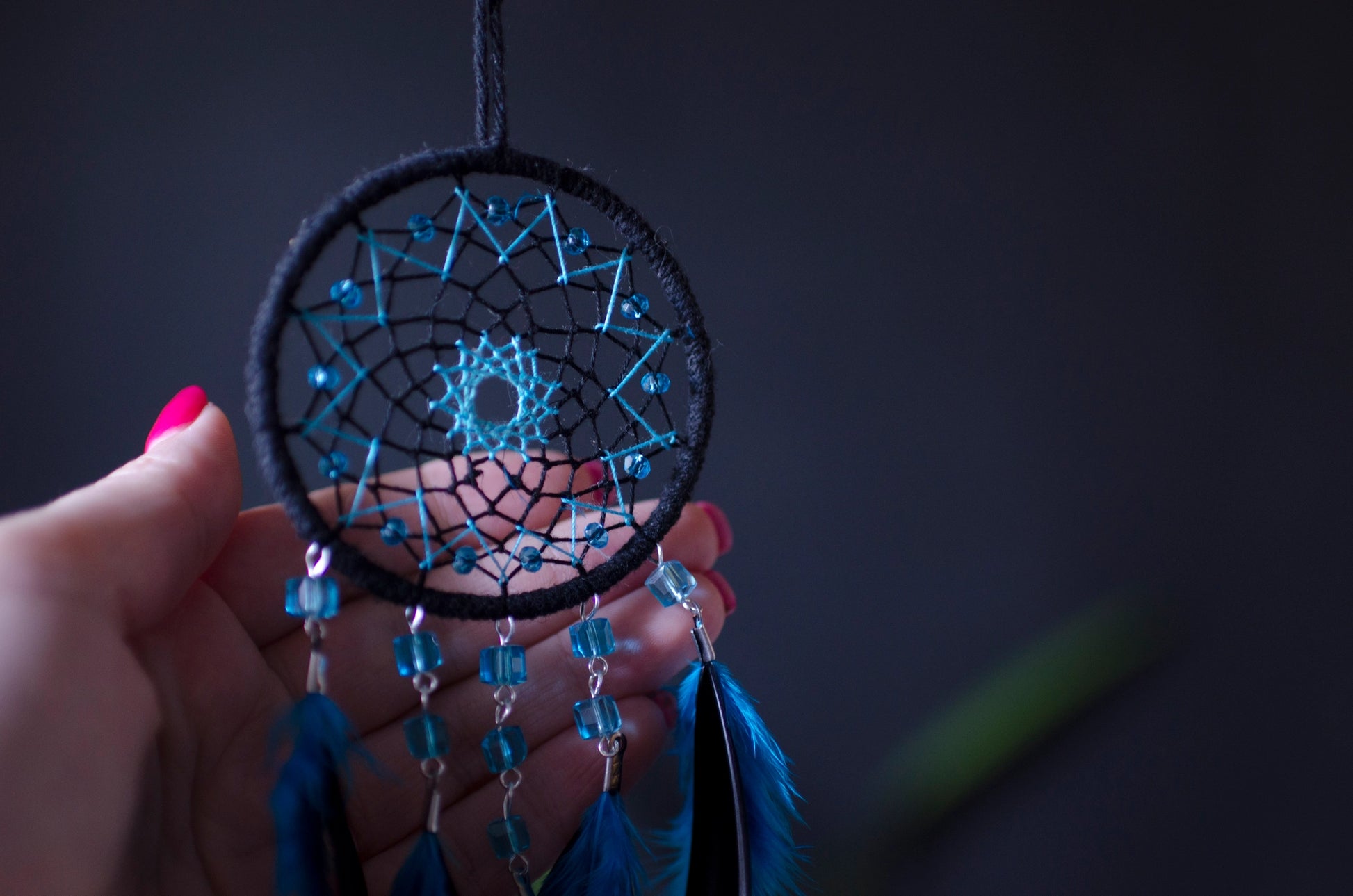 Handmade Lake Blue with Black Small Dream Catcher | Car Rearview Mirror Hanging Dreamcatcher Charm