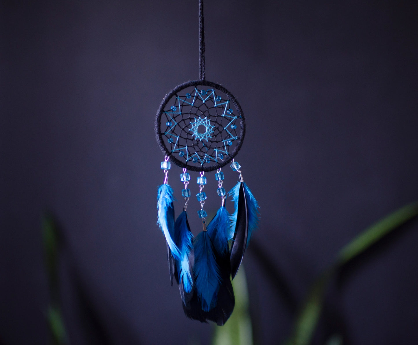 Handmade Lake Blue with Black Small Dream Catcher | Car Rearview Mirror Hanging Dreamcatcher Charm