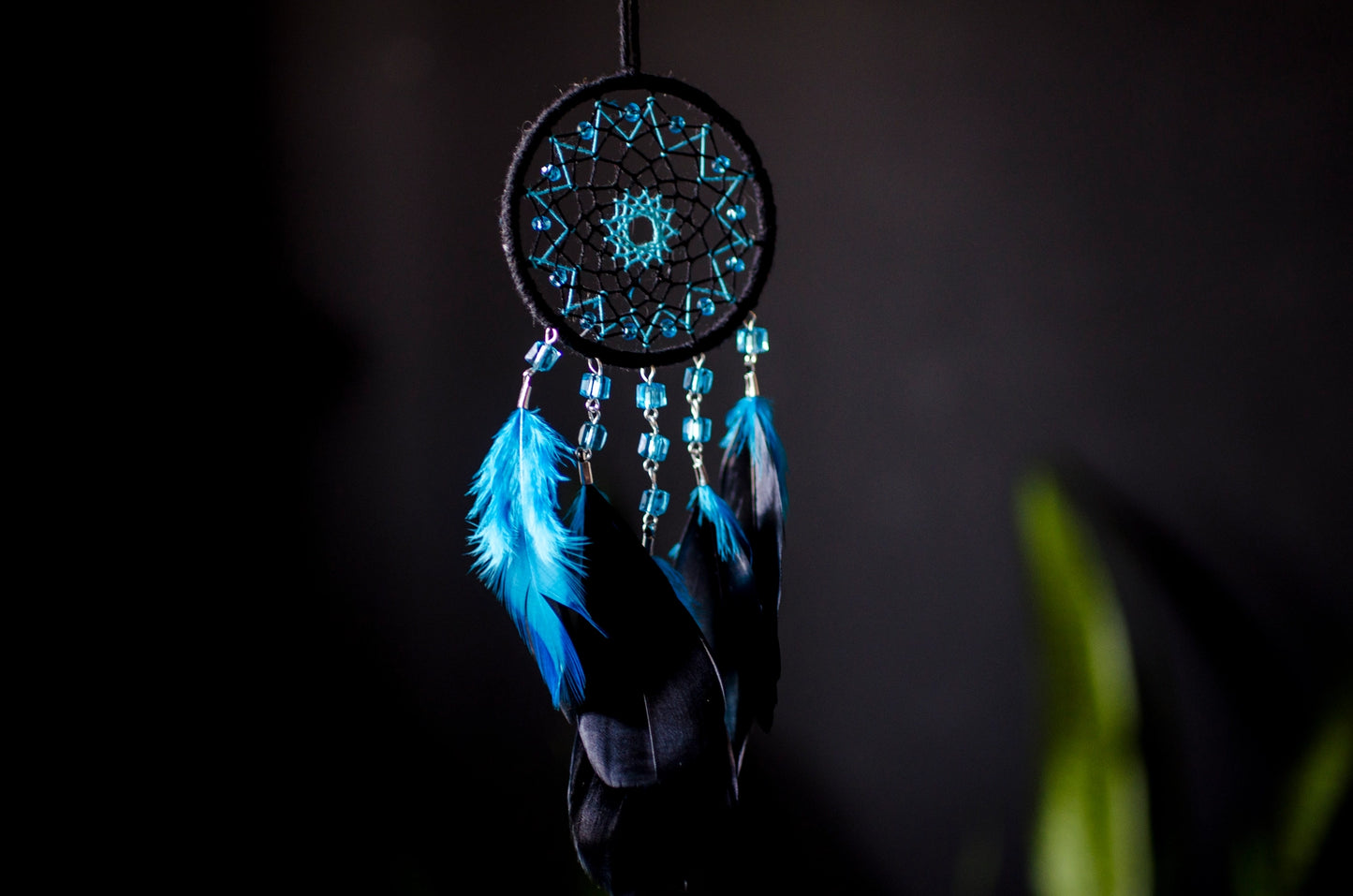 Handmade Lake Blue with Black Small Dream Catcher | Car Rearview Mirror Hanging Dreamcatcher Charm