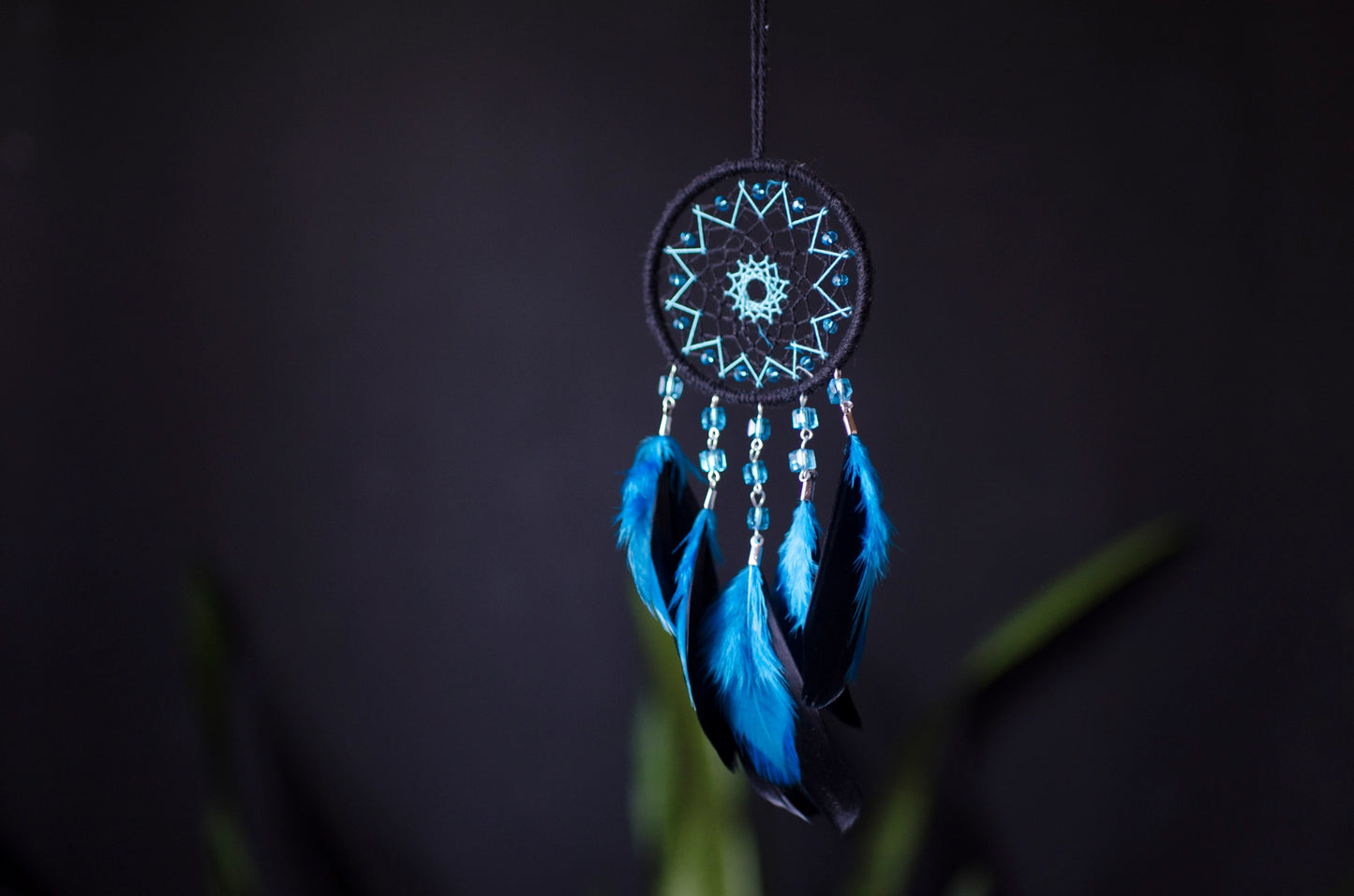 Handmade Lake Blue with Black Small Dream Catcher | Car Rearview Mirror Hanging Dreamcatcher Charm