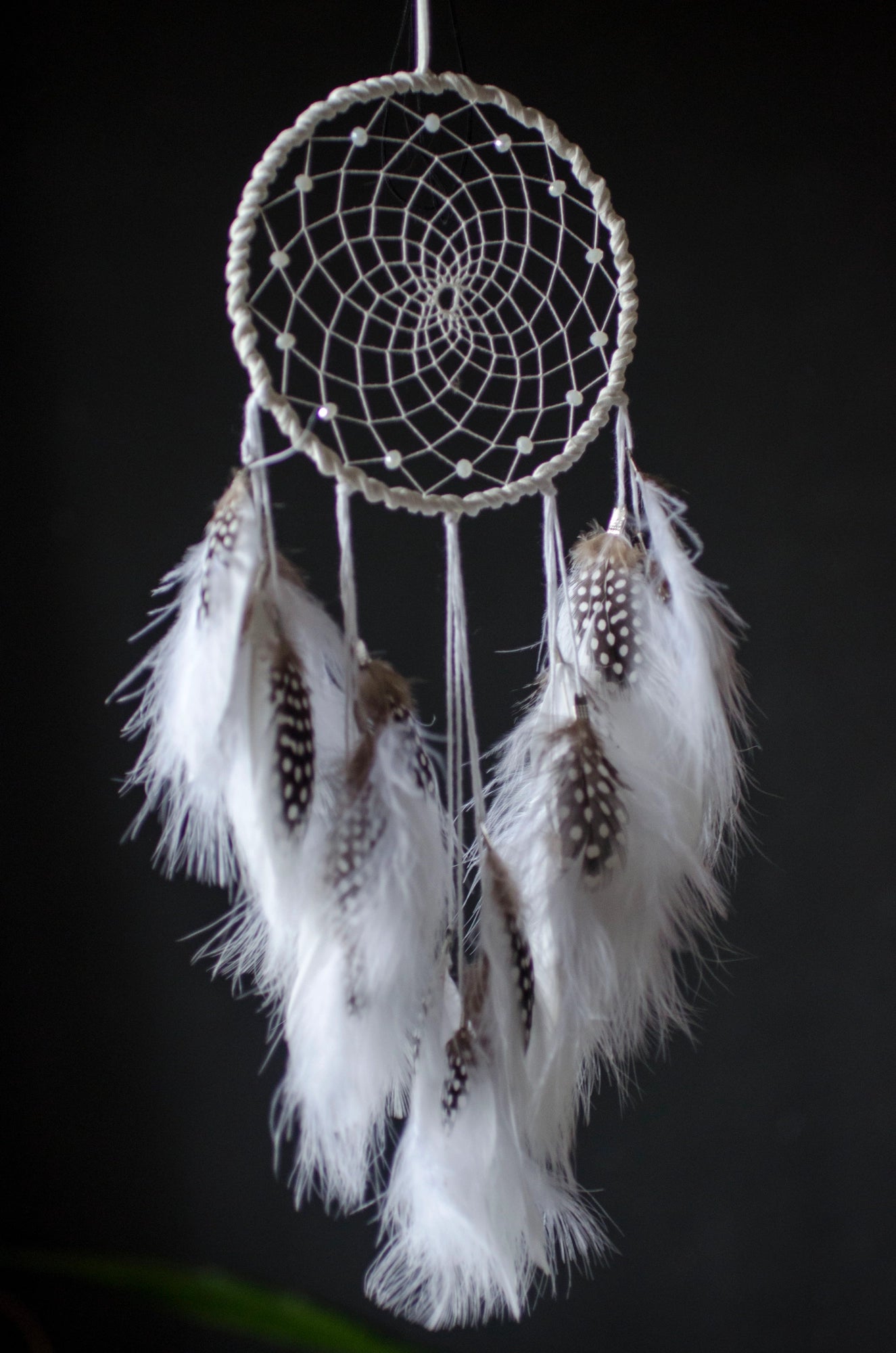 Traditional dreamcatcher with natural white feathers