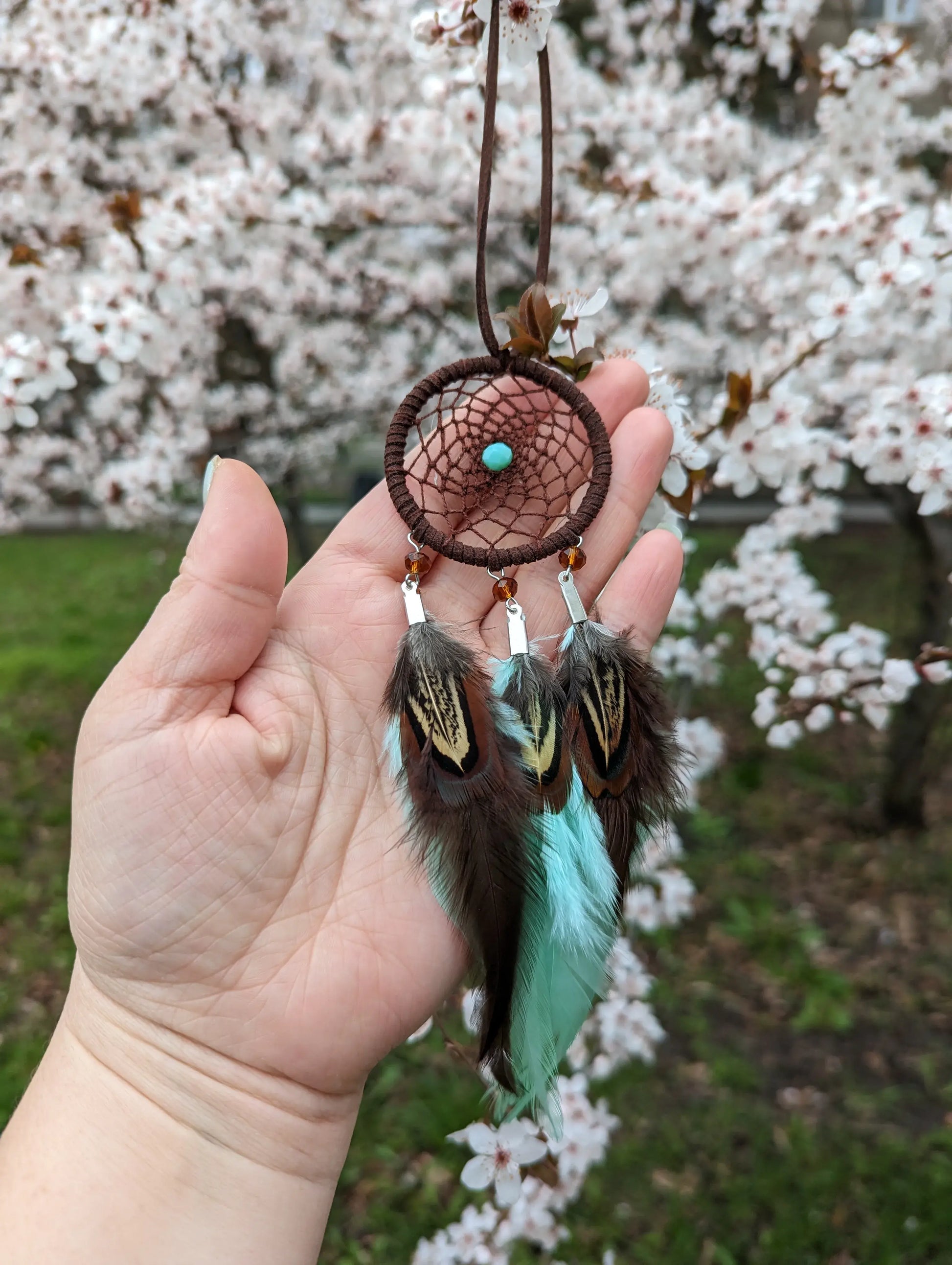 Handmade Mint Brown Dreamcatcher for Car, rearview mirror charm