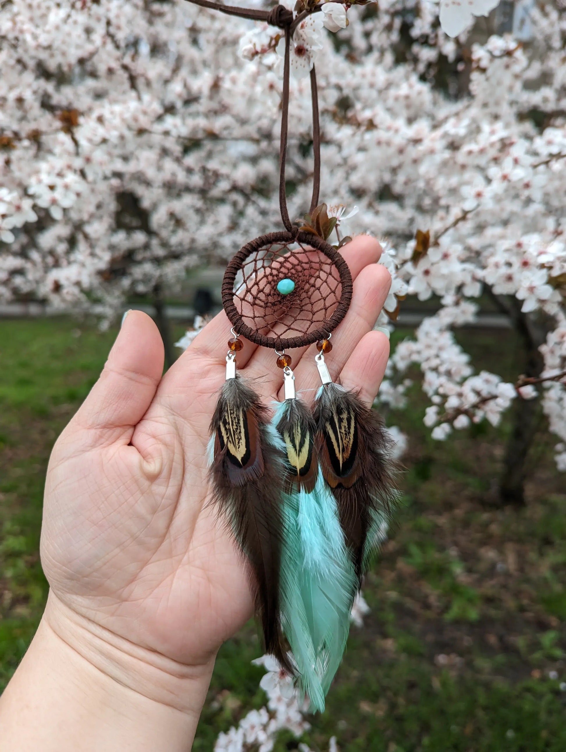 Handmade Mint Brown Dreamcatcher for Car, rearview mirror charm