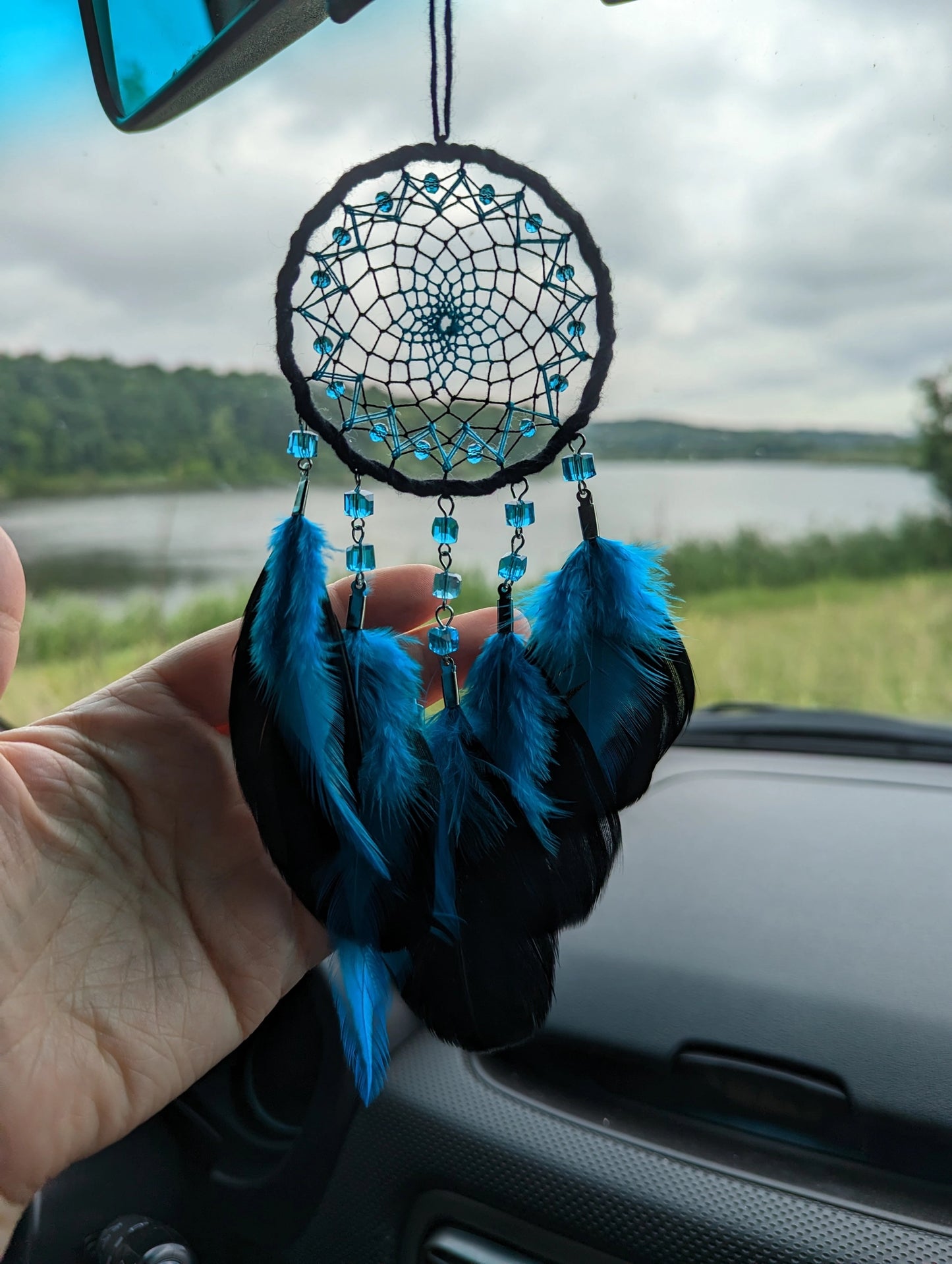 Handmade Lake Blue with Black Small Dream Catcher | Car Rearview Mirror Hanging Dreamcatcher Charm